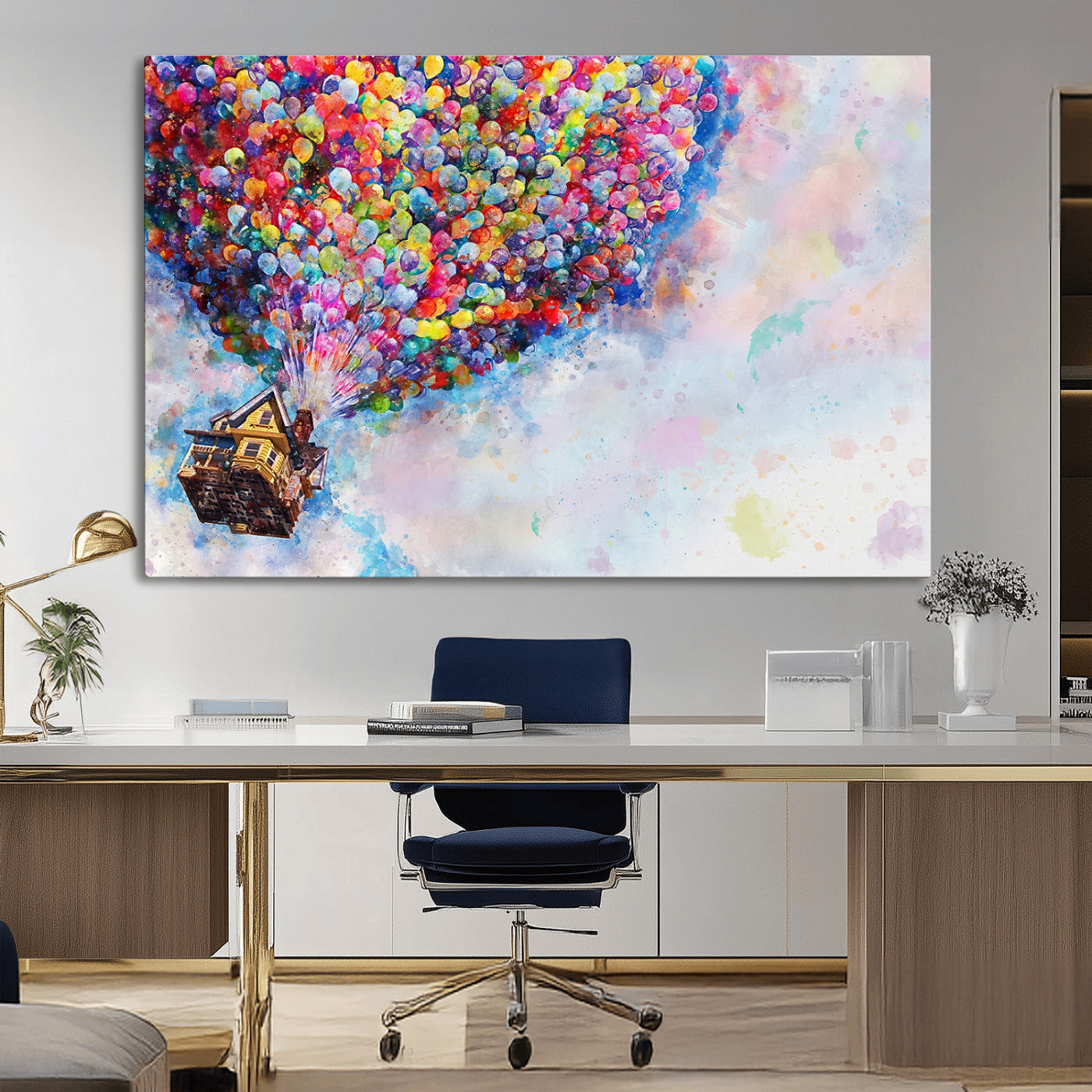 Whimsical canvas of the house from the movie Up flying with colorful balloons, ideal for Pixar or animation-themed decor.