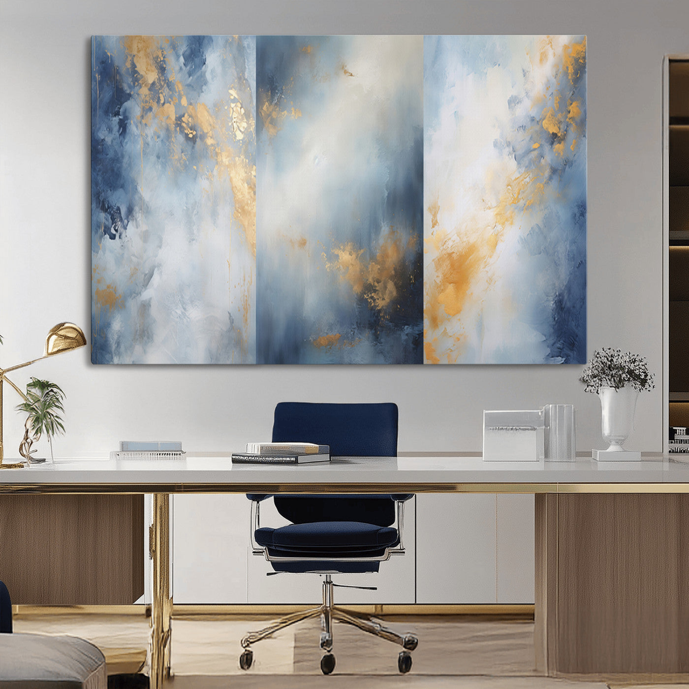 Abstract canvas art in soft blue and gold tones with textured brushstrokes, ideal for elegant or modern neutral decor spaces.