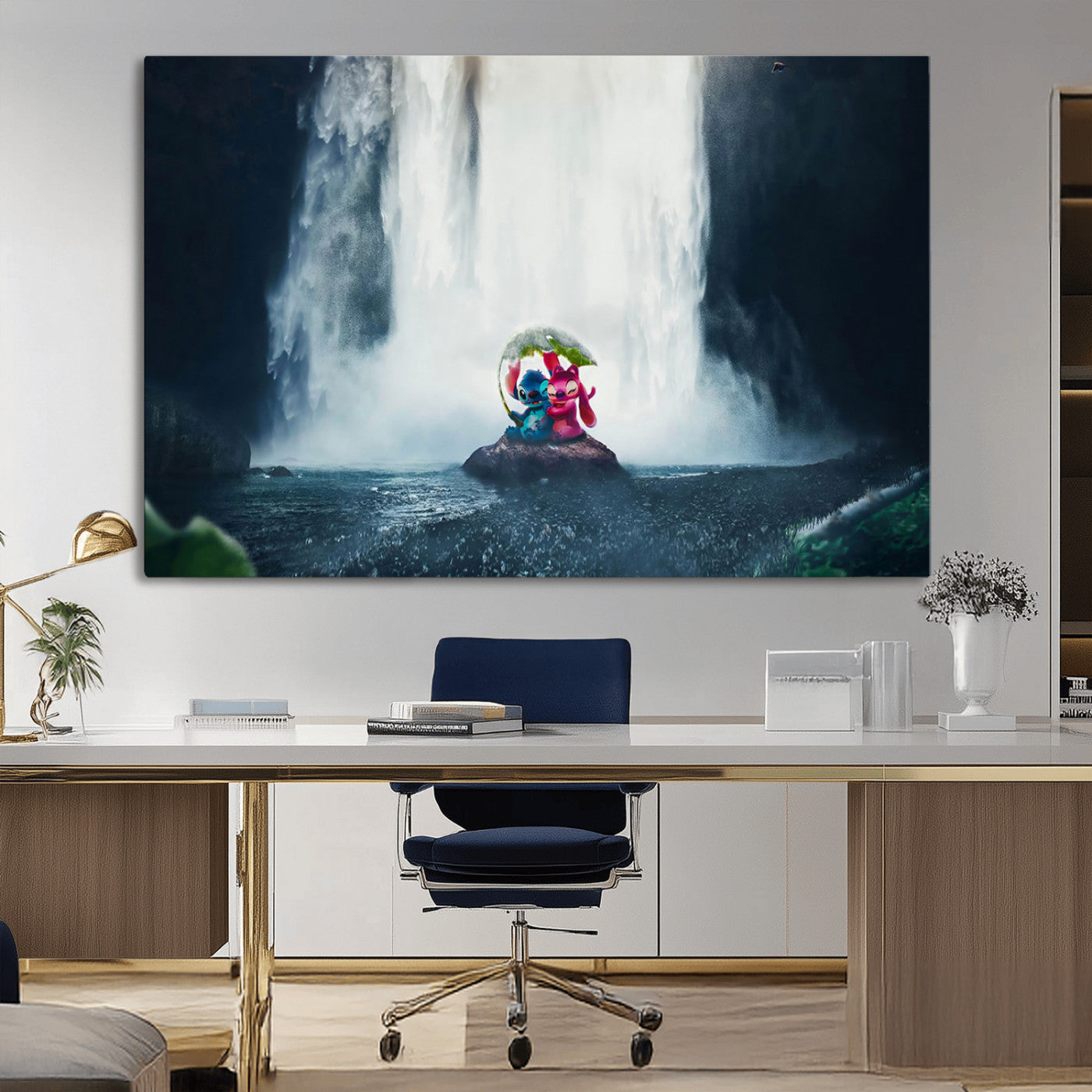 Fantasy canvas of Stitch and Angel under a leaf umbrella in front of a dramatic waterfall, perfect for moody jungle-themed or animated decor.