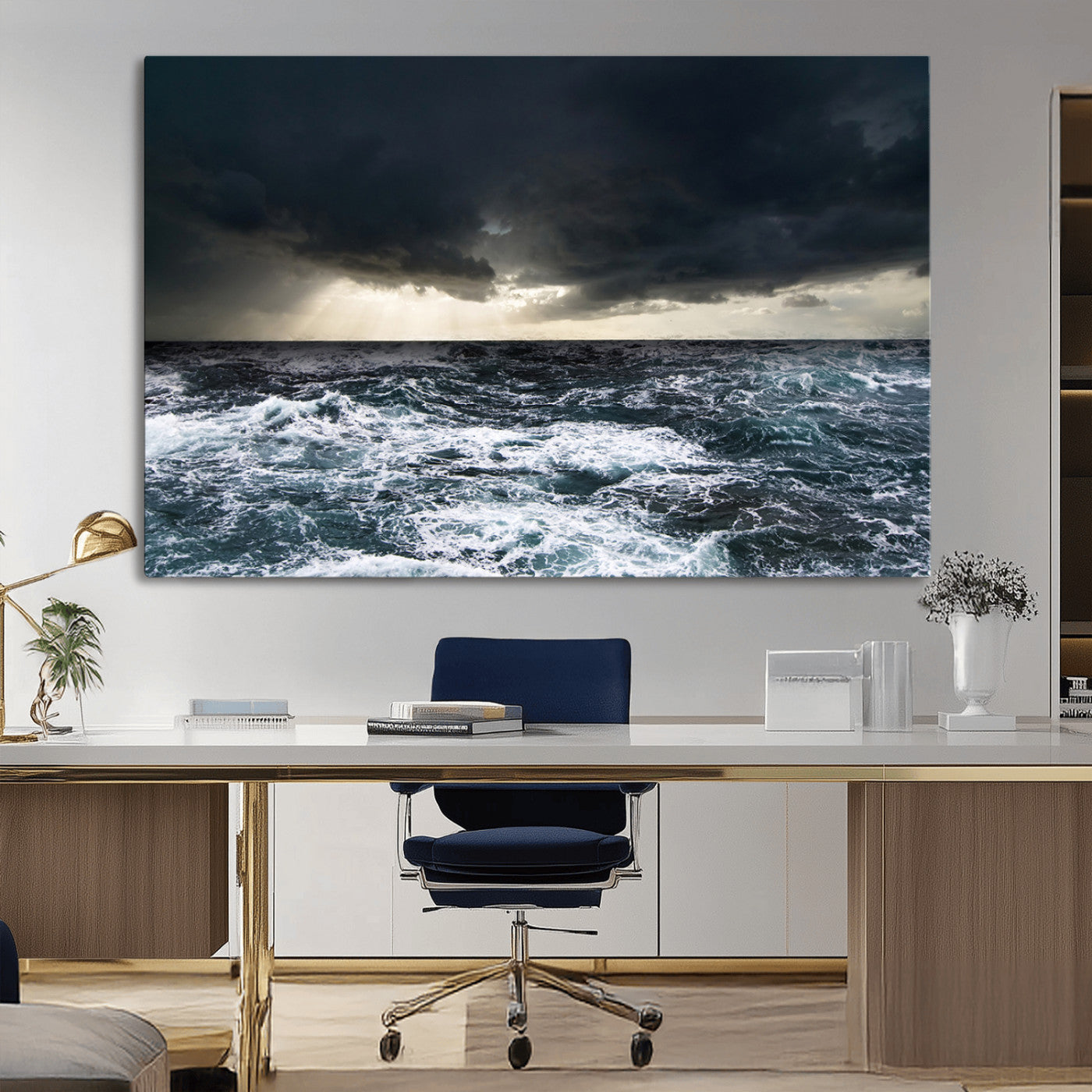 Moody ocean scene with stormy skies and crashing waves, perfect for dramatic or coastal-style home wall decor.