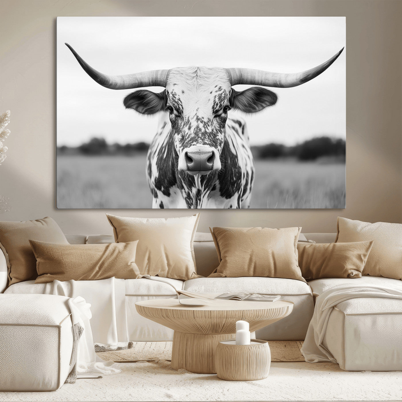 Capture the strength and elegance of nature with this striking black and white portrait of a longhorn cow. Its powerful presence makes a bold statement in any room.
