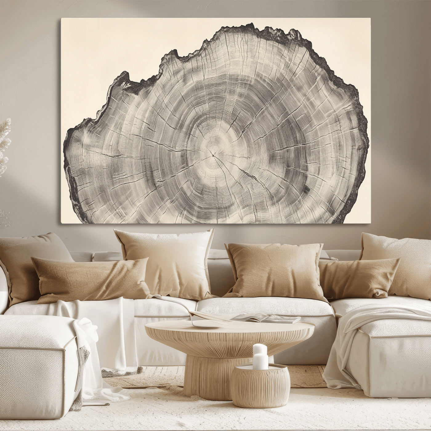 Detailed tree ring drawing in monochrome tones, ideal for rustic or nature-inspired interiors with a minimal decor aesthetic.