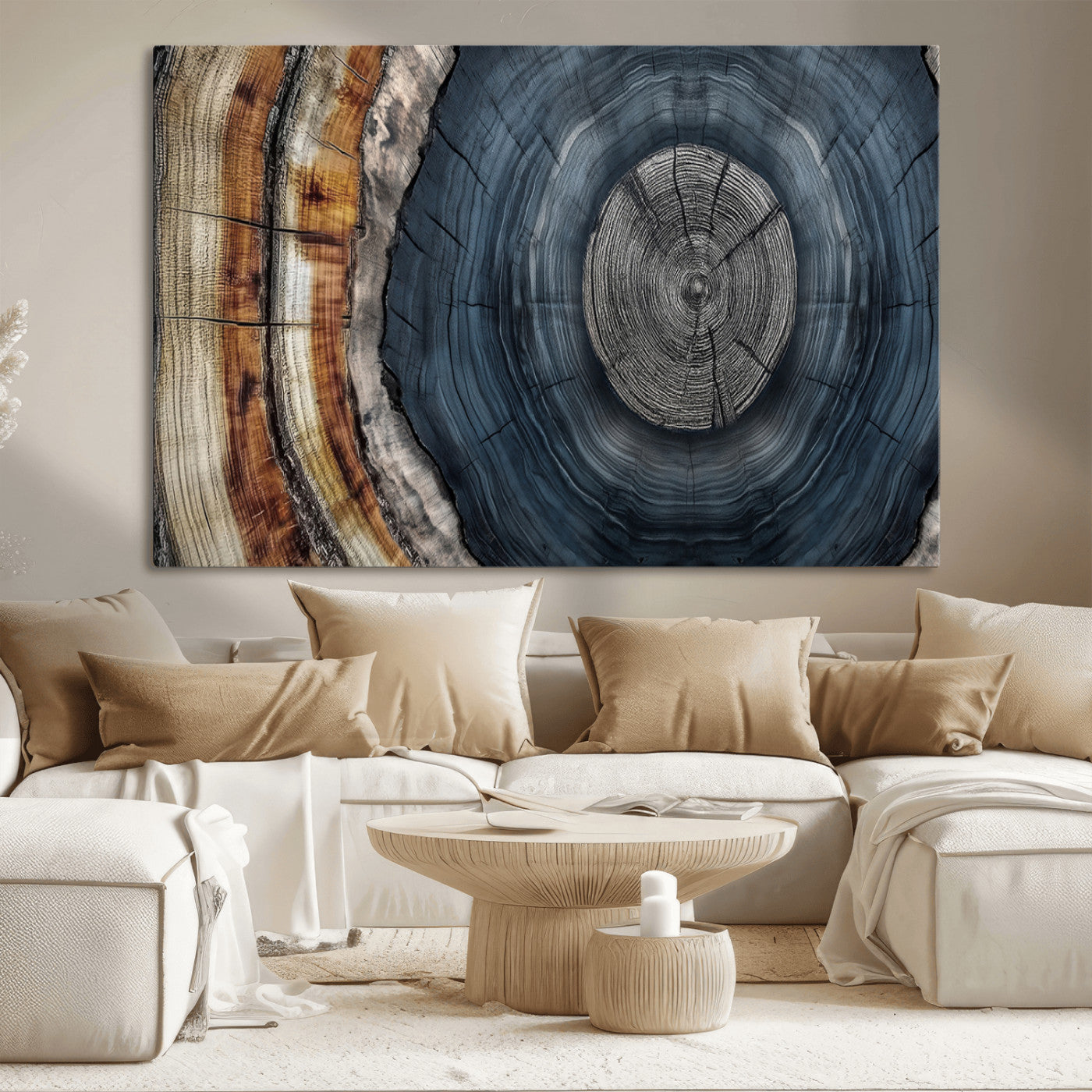 A stunning close-up of a tree trunk showing the intricate, circular growth rings, showcasing the natural textures and rich contrasts in deep blues, browns, and silvers.