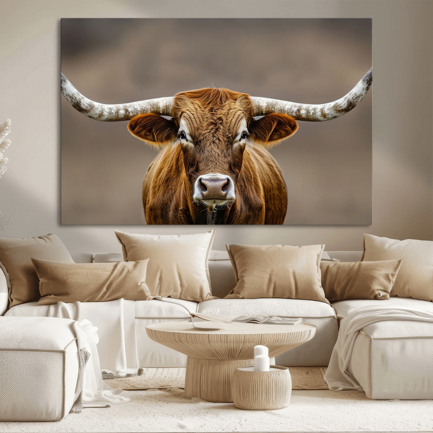 Close-up of a Texas Longhorn with strong curved horns and warm brown tones, perfect for rustic or western-style wall decor.