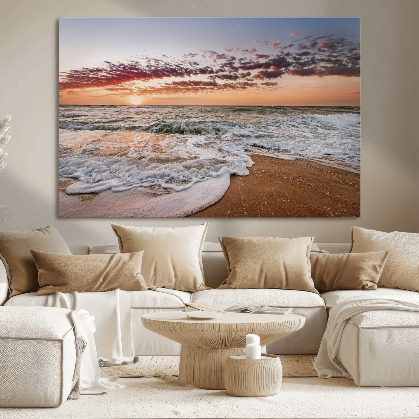 Canvas of a sunset over a foamy ocean shore with warm light and gentle waves, ideal for coastal or beach-themed home decor.