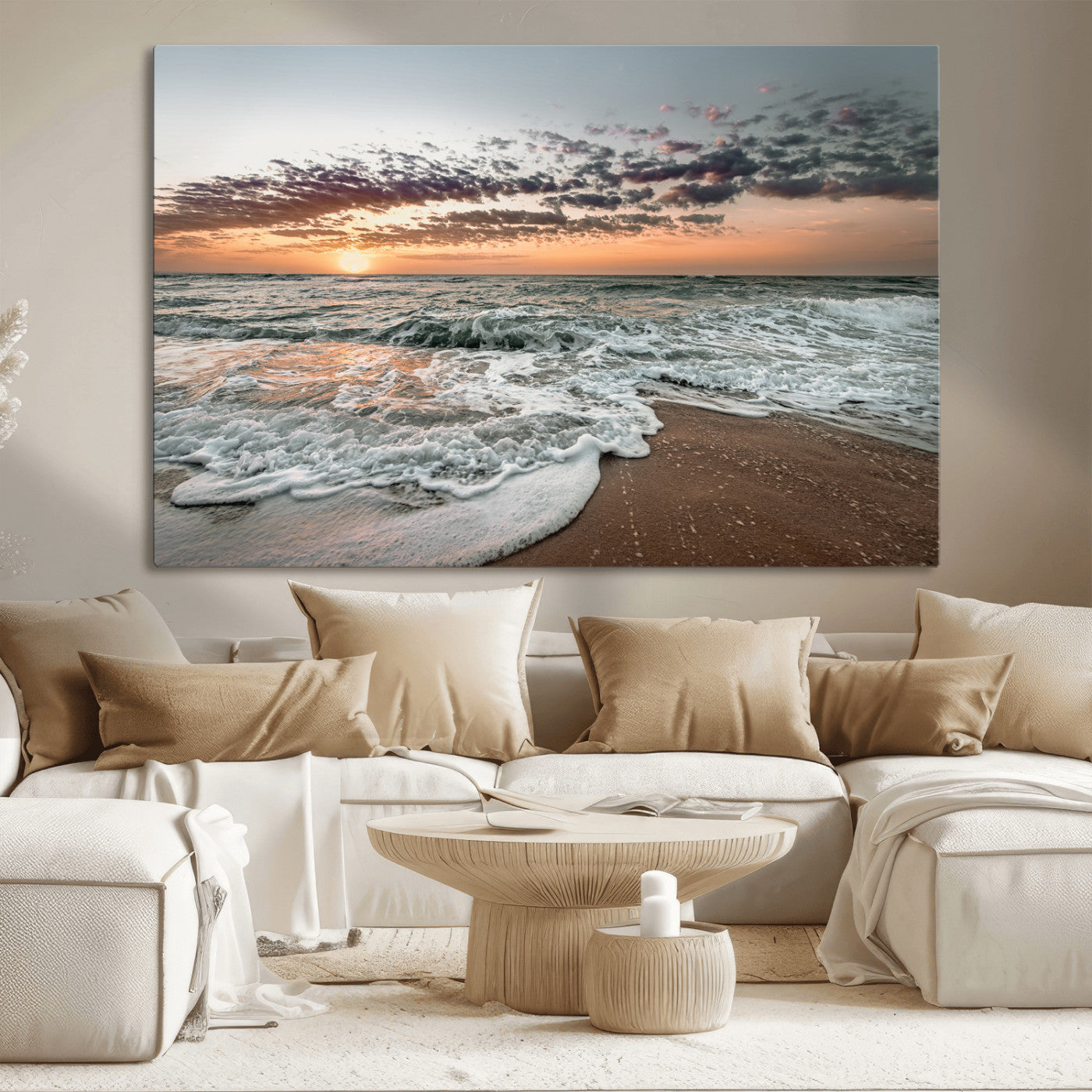 Ocean Sunset Wall Art Print - Beach Waves Canvas Print, featuring a serene seascape with golden sunlight reflecting on gentle waves, perfect for coastal and minimalist decor.
