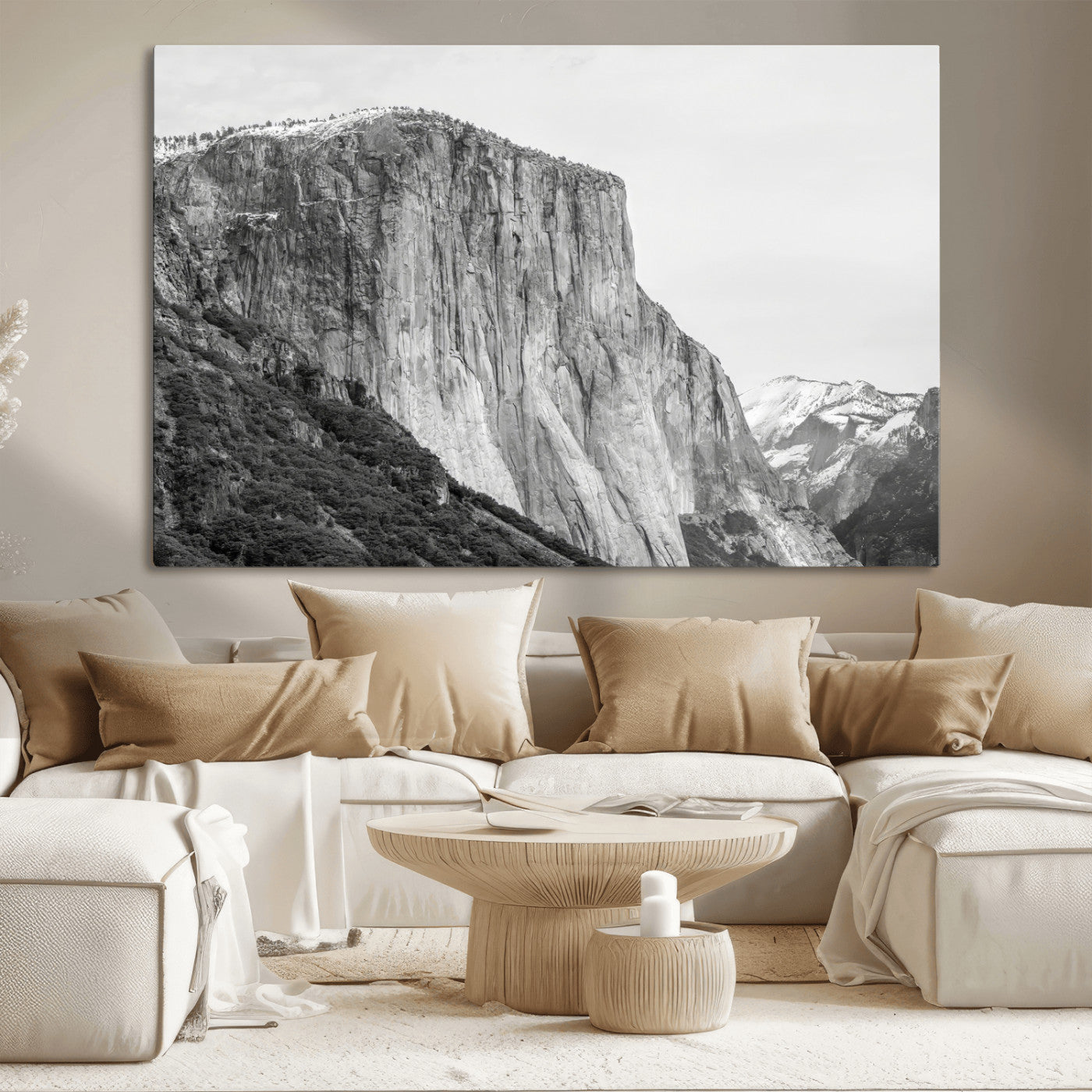 Monochrome canvas of El Capitan’s granite wall in Yosemite with snowy peaks, ideal for dramatic mountain or black-and-white nature decor.