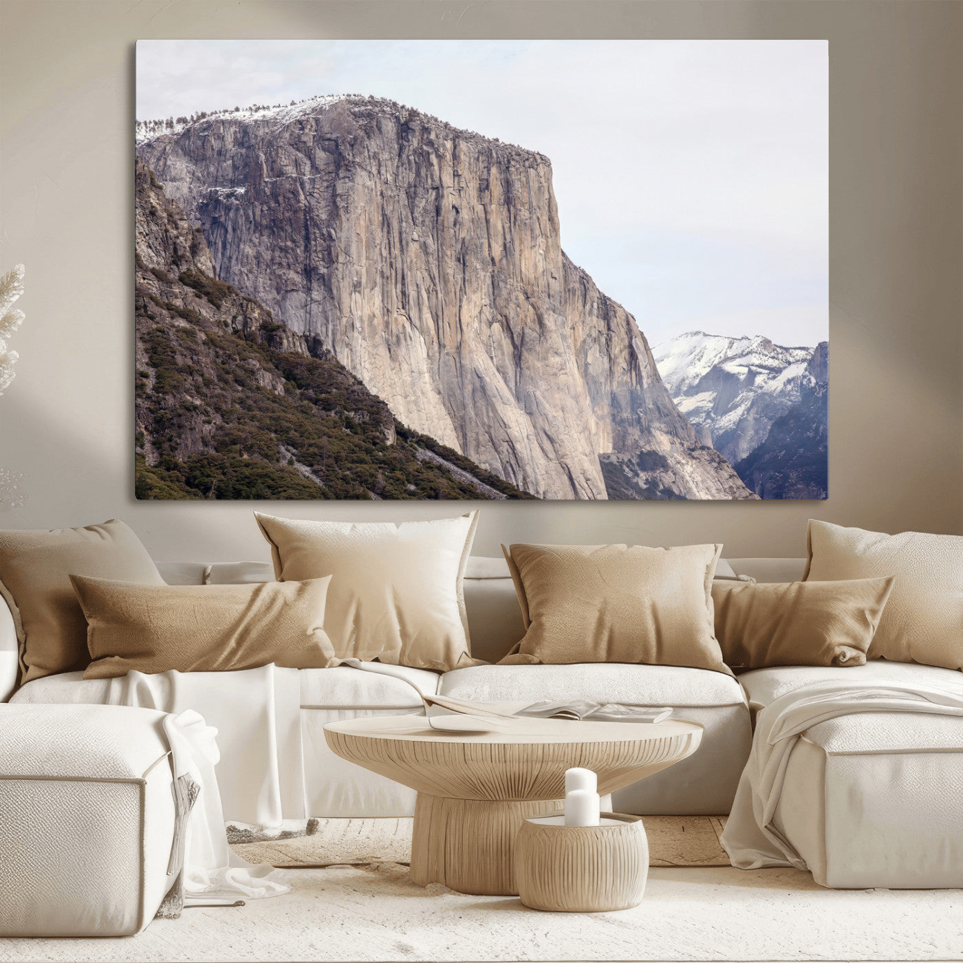 Framed canvas of El Capitan’s vertical granite face in Yosemite with snowy peaks, ideal for Sierra minimalism or mountain-inspired decor.