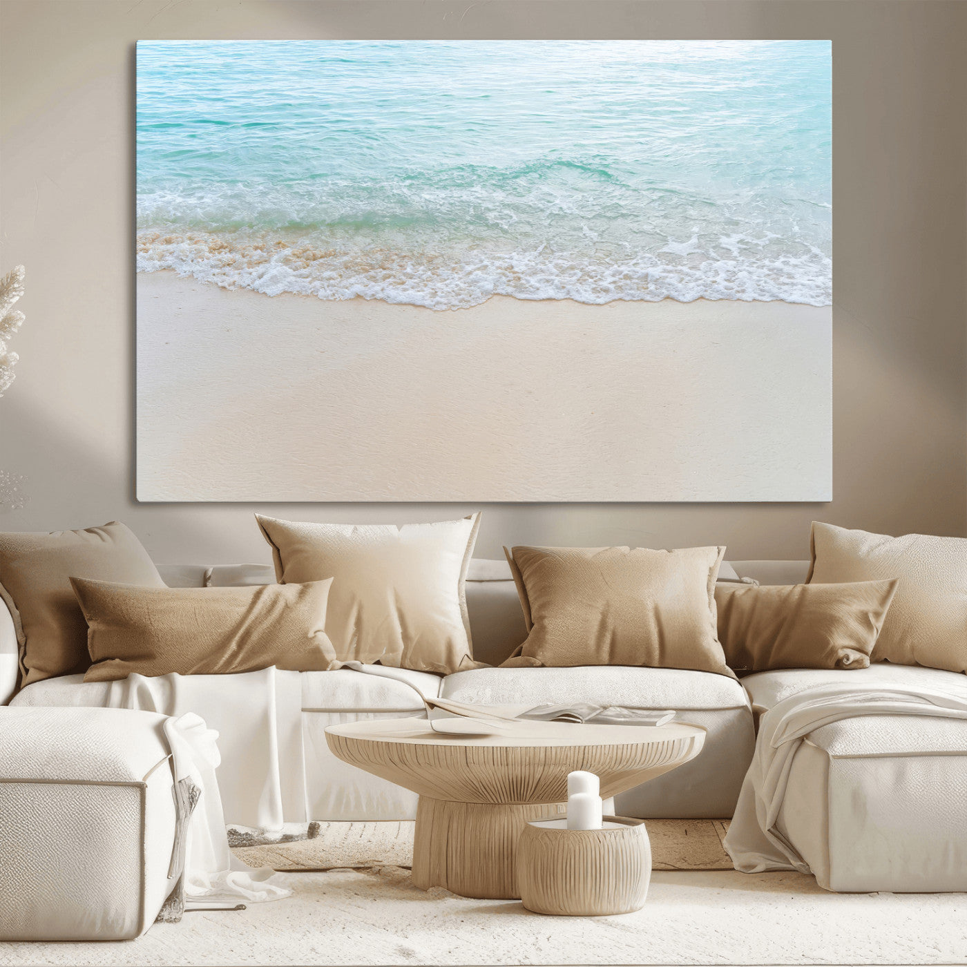 Soft shoreline with gentle aqua waves on smooth sand, ideal for minimalist coastal or pastel ocean-inspired home wall decor.