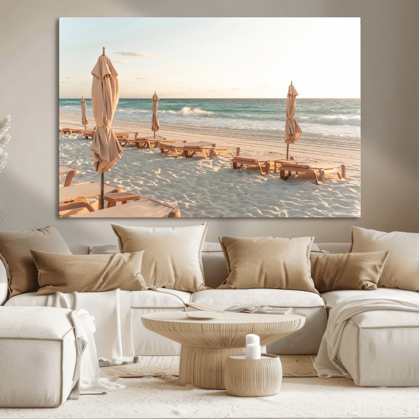 Minimalist photo of empty beach loungers and umbrellas on soft sand, ideal for calm seaside or pastel coastal-style home decor.