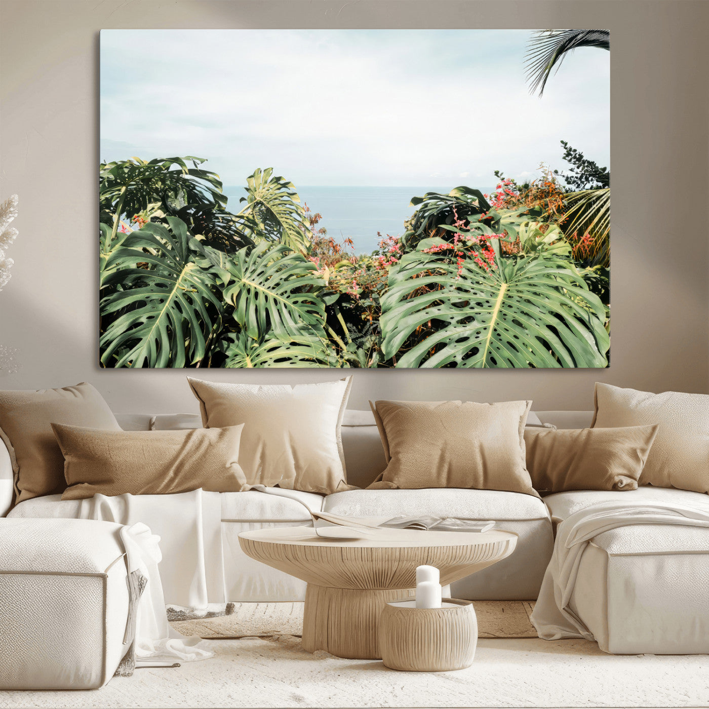 Monstera leaves and tropical flowers framing a calm ocean view, ideal for tropical coastal or exotic jungle-style interior wall decor.