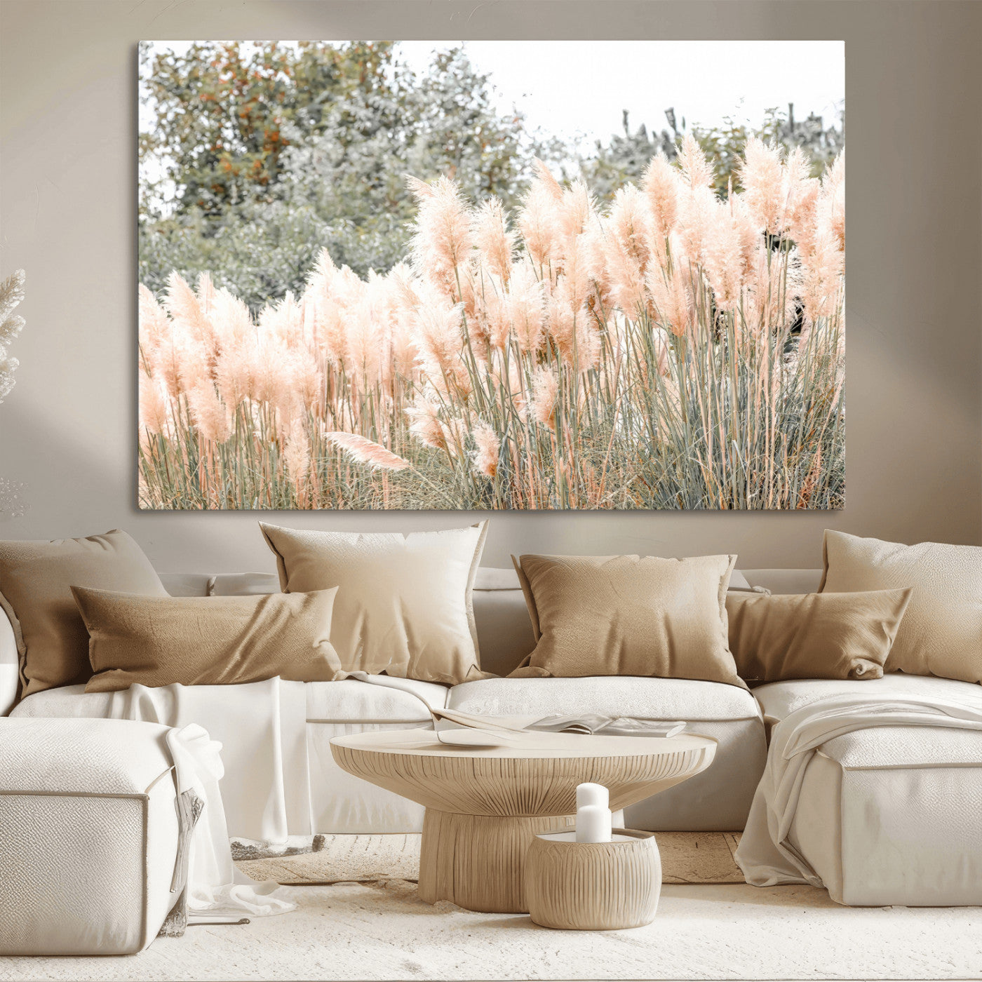Soft pastel pampas grasses in a natural setting, ideal for neutral boho or rustic botanical-style interior wall decoration.