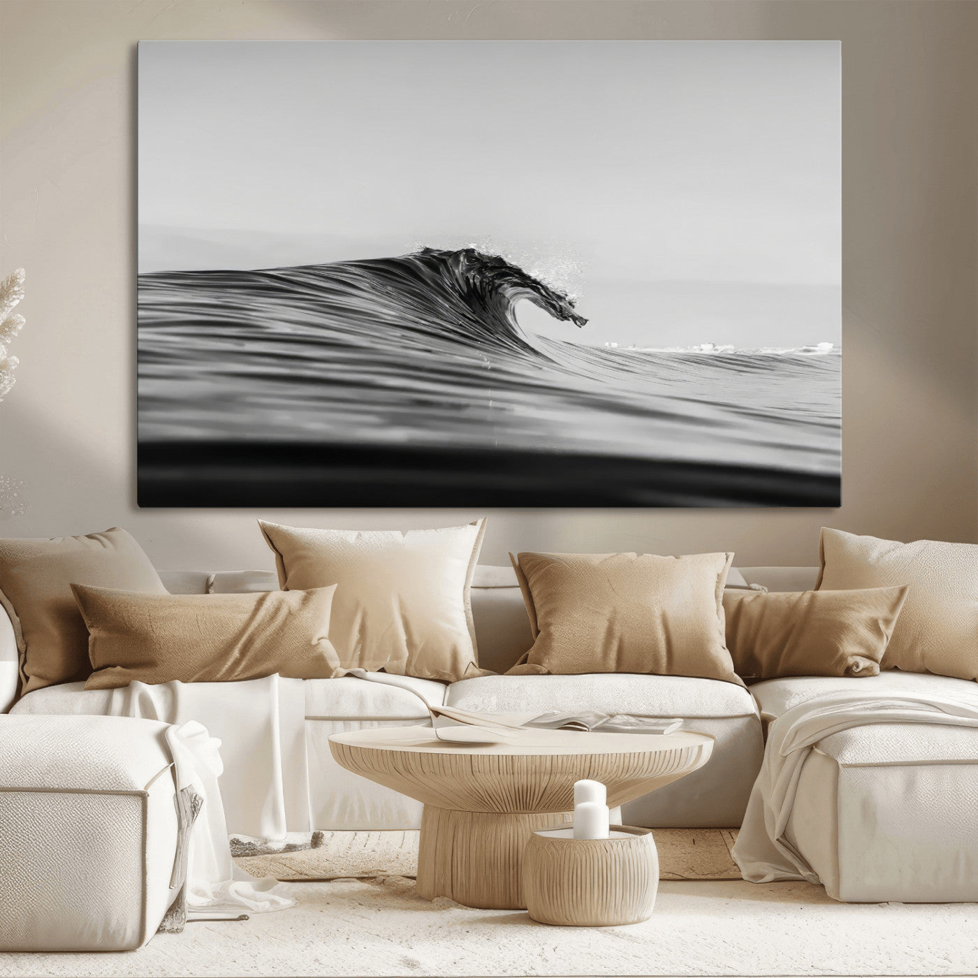 Striking black and white photo of a curling wave, ideal for modern coastal or minimalist wall decor settings.