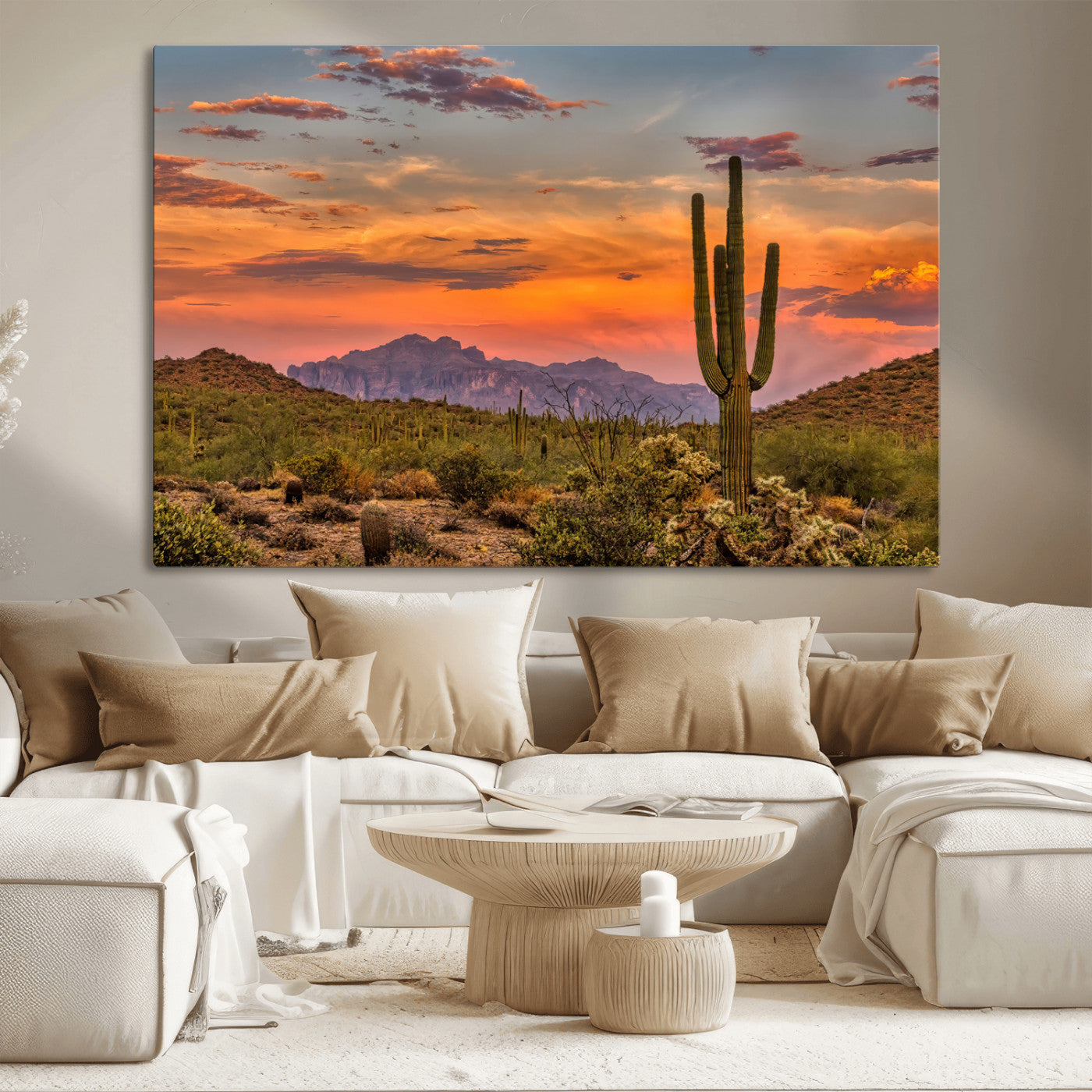 Vibrant desert sunset with saguaro cacti and distant mountains, perfect for Southwestern or warm-toned home decor.
