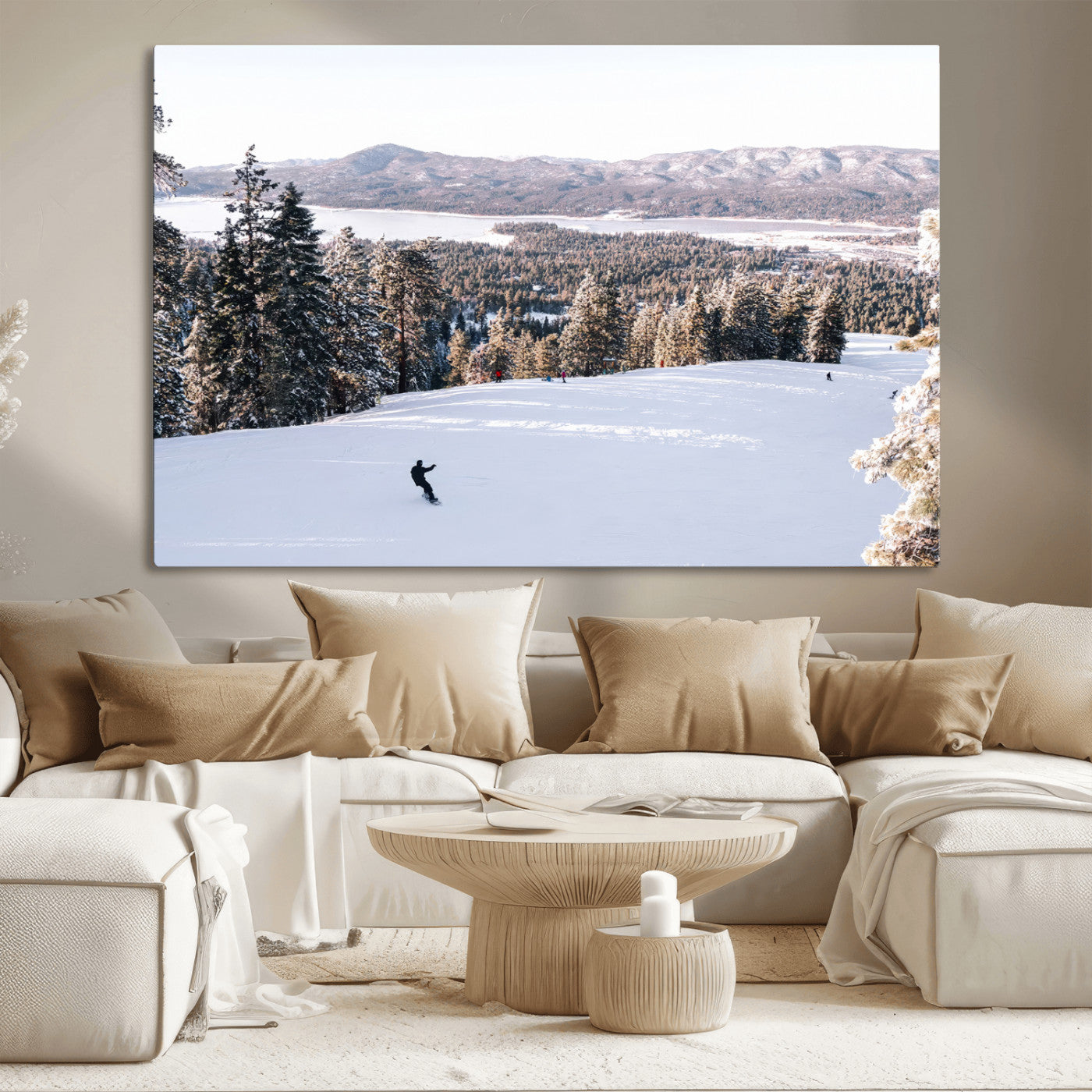 Canvas of a snowy mountain ski slope with pine trees and bright winter light, ideal for modern rustic or alpine-inspired home decor.