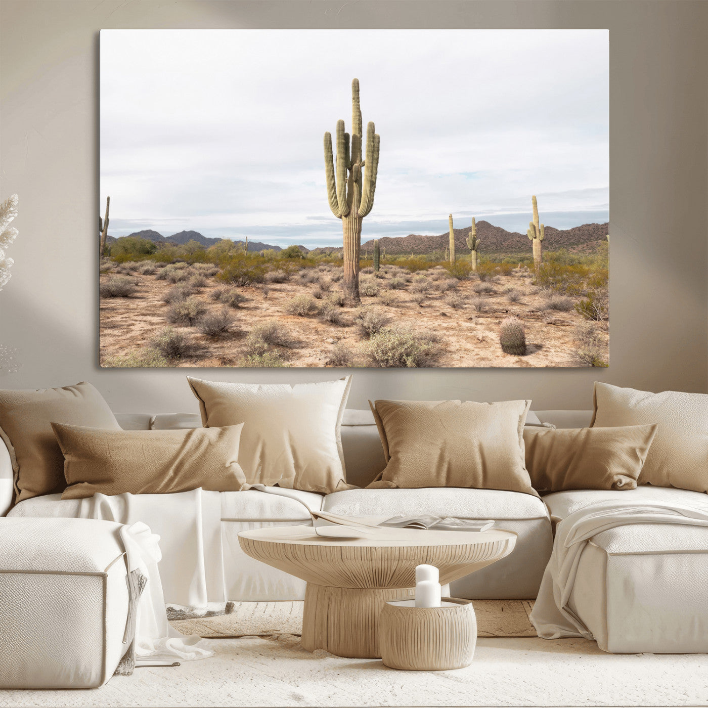 Canvas of a saguaro cactus in an earthy Sonoran desert landscape, ideal for Southwestern Boho or desert minimalism inspired home decor. 2/2