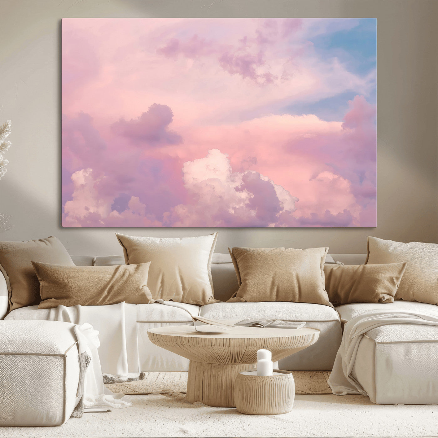 Soft pastel-colored clouds in shades of pink, purple, and blue, creating a dreamy and serene sky perfect for a calming decor touch.