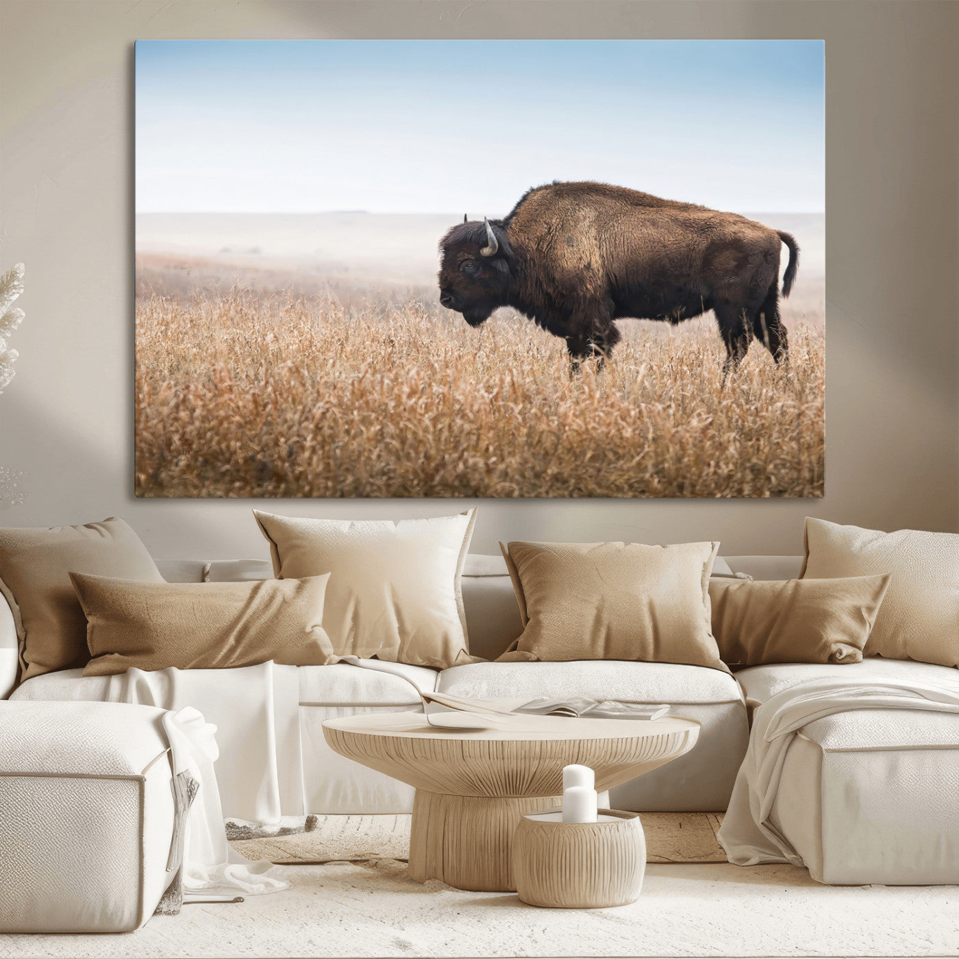 A majestic bison standing in an open prairie field, its strong form blending into the golden grass under a vast blue sky, evoking the wild spirit of the American plains.