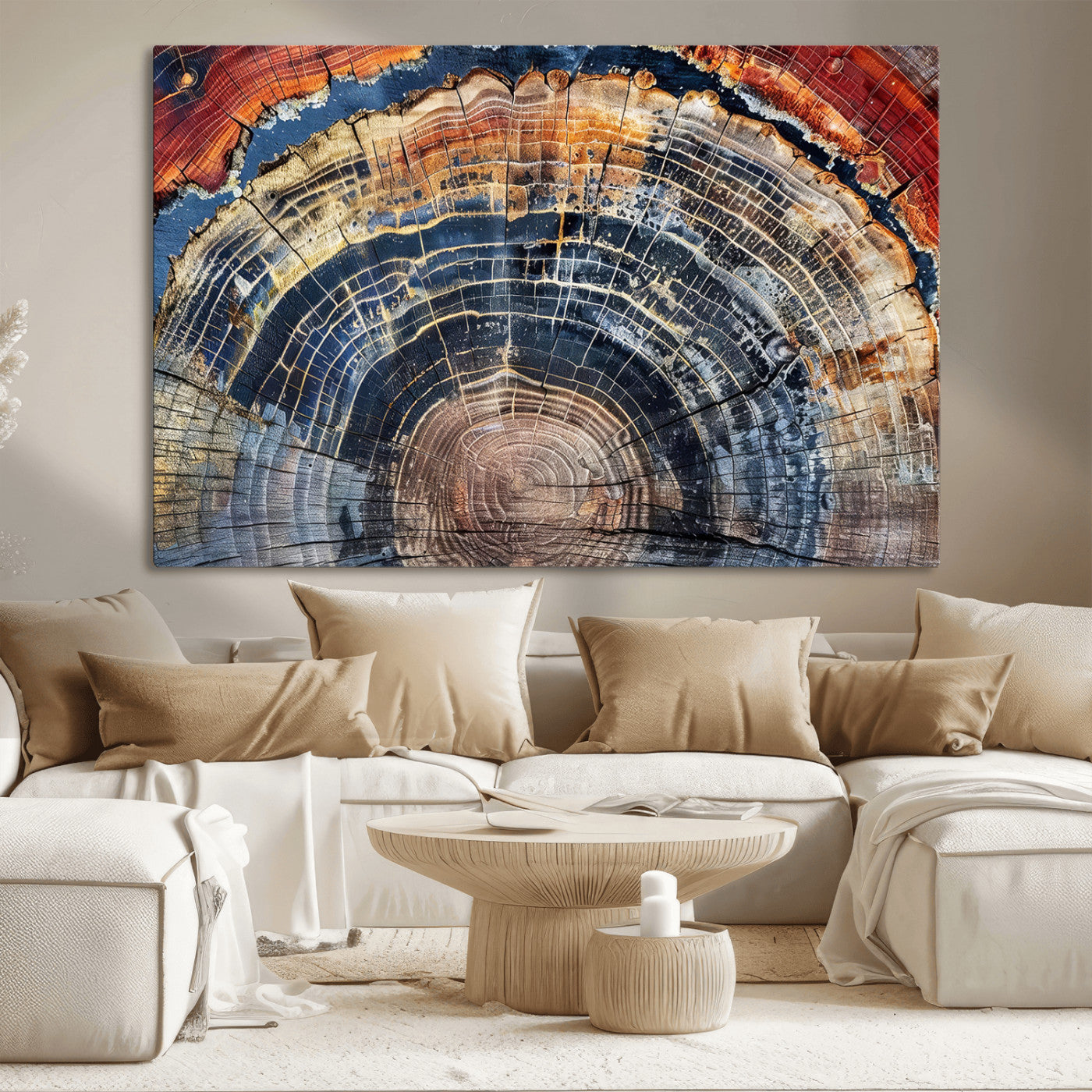 Vibrant tree ring with orange, brown, and blue tones in abstract detail, perfect for rustic or boho-inspired wall decor.
