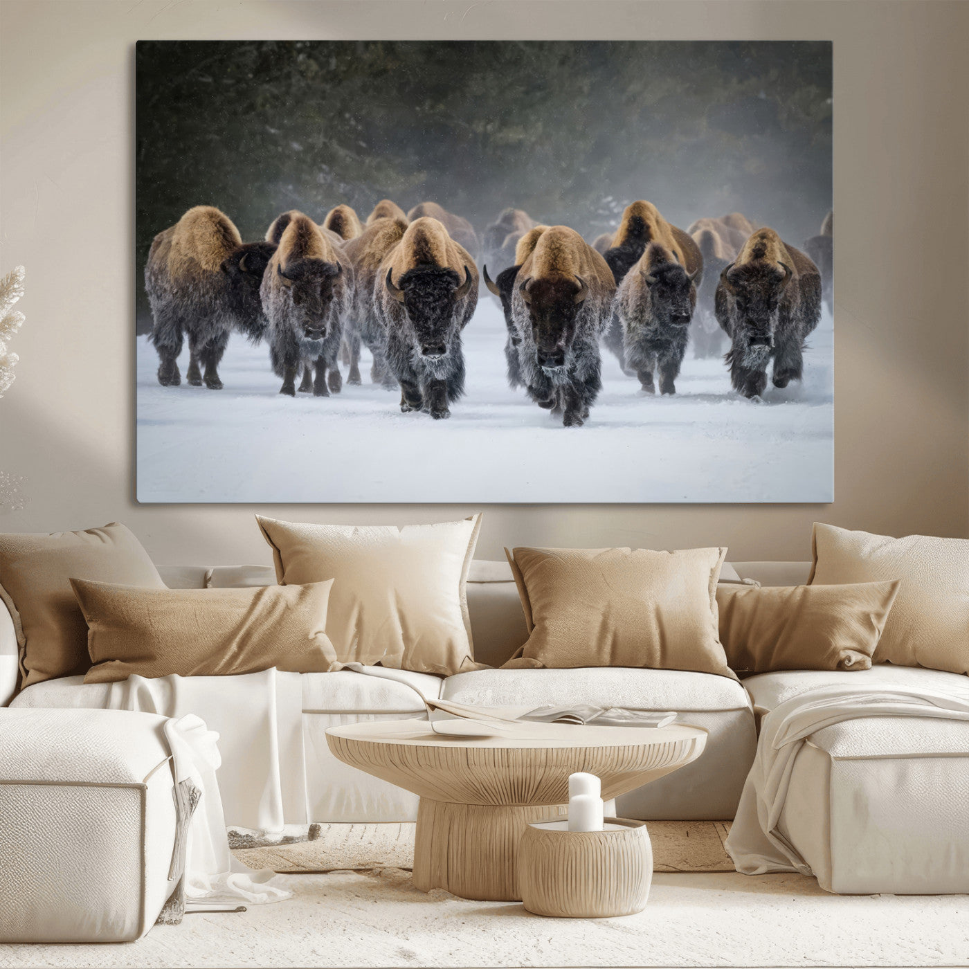 A herd of American bisons walking through deep snow in a forest, evoking a powerful rustic wilderness mood for western-style interiors.