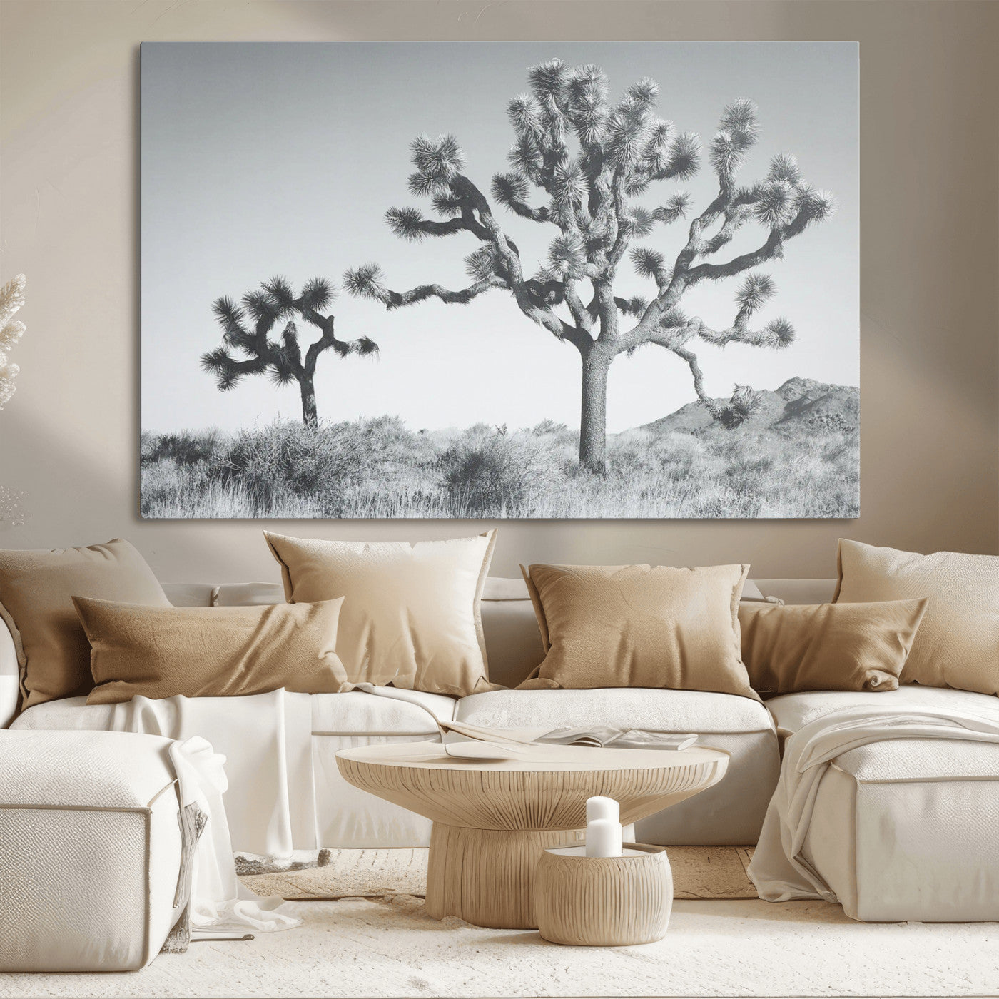 Black and white Joshua tree in a desert landscape with soft light and dry brush, perfect for rustic or minimalist home decor.