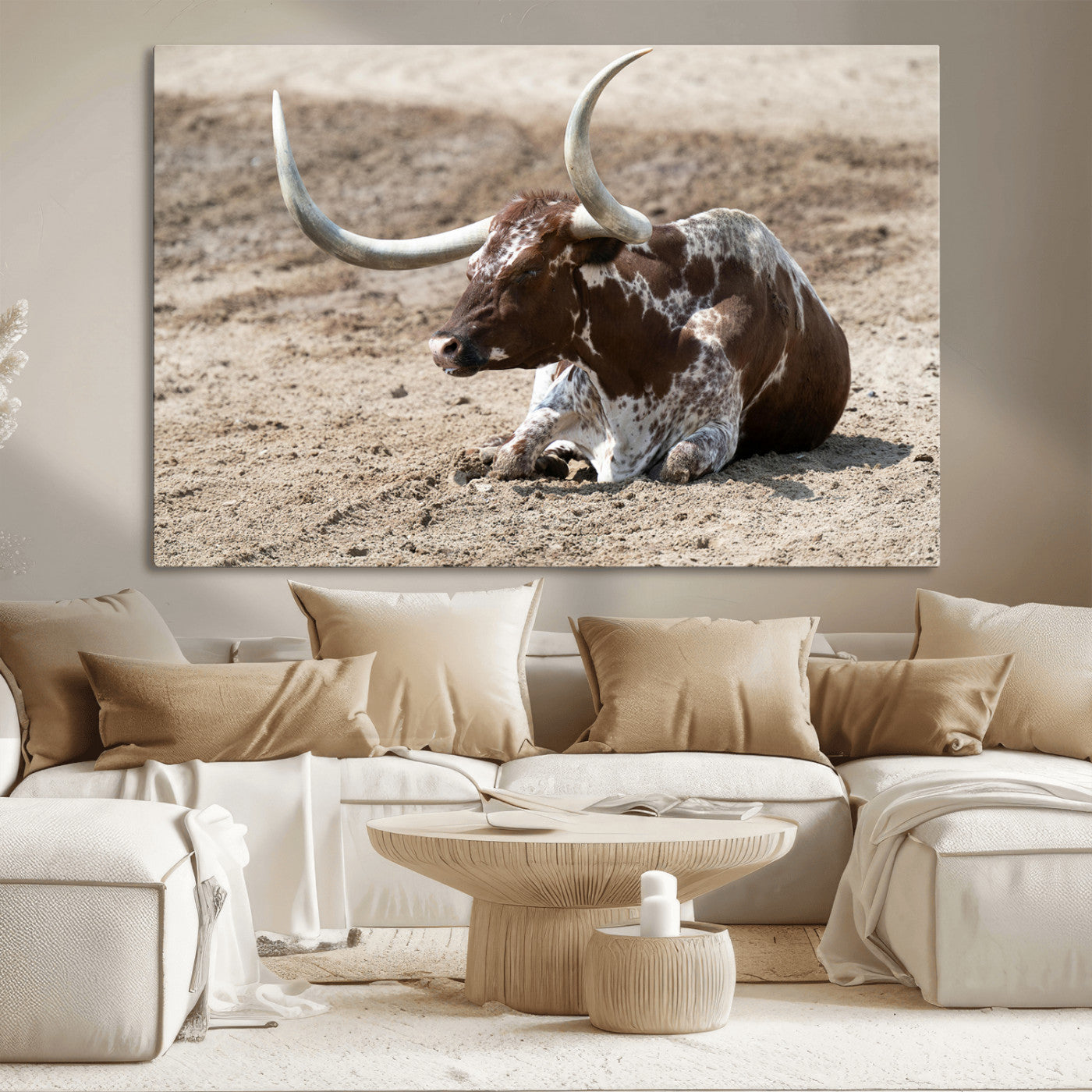 Texas Longhorn Wall Art Canvas Print, Framed Country Living Art Picture Print, Farmhouse Aesthetic Perfect Western Rustic Decor Artwork