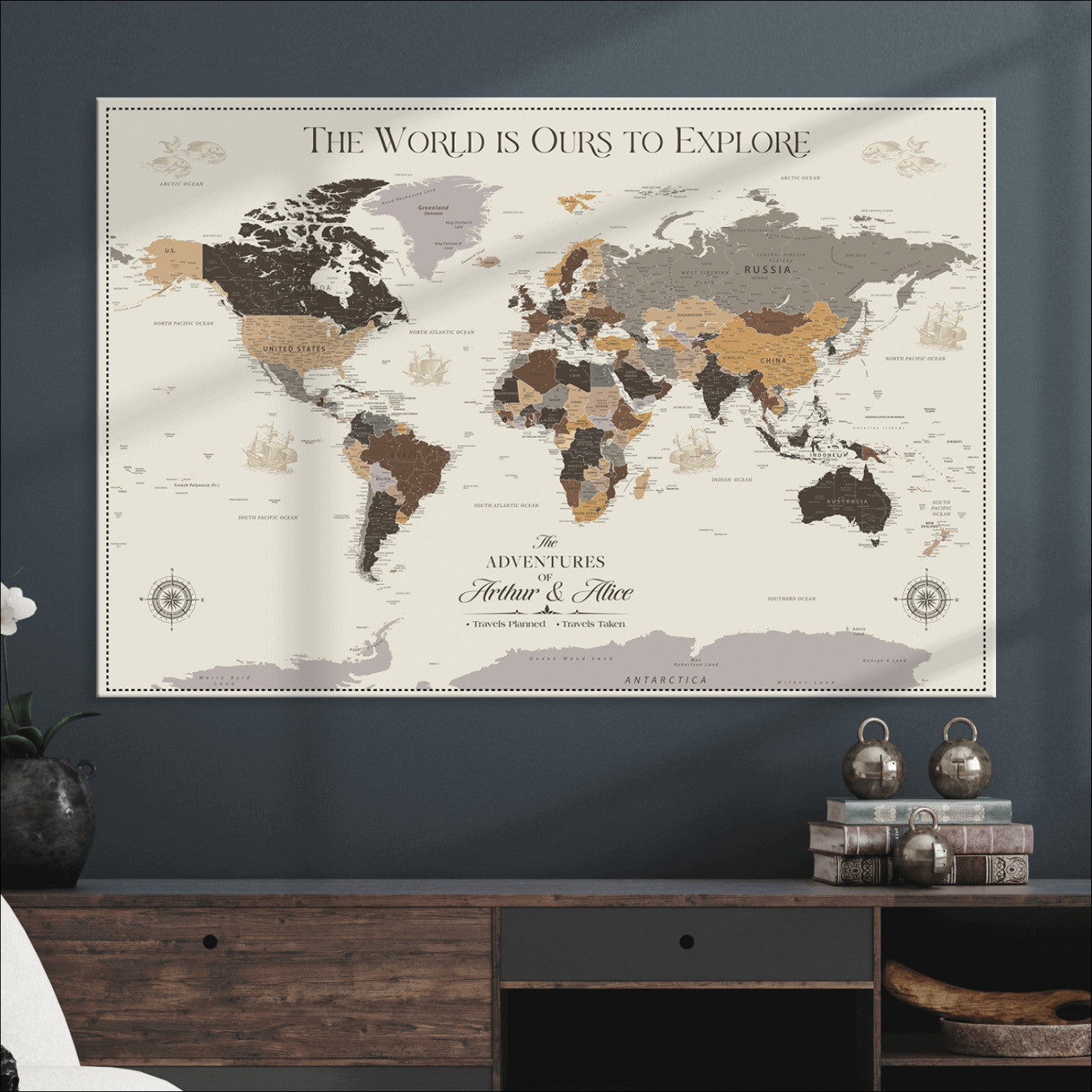 80998319-MGV-CV-36X24-Personalize World Map Push Pin Wall Canvas Print – Personalized Travel Tracker with Pins – Framed Large Multi-Size Canvas for Home Office Decor