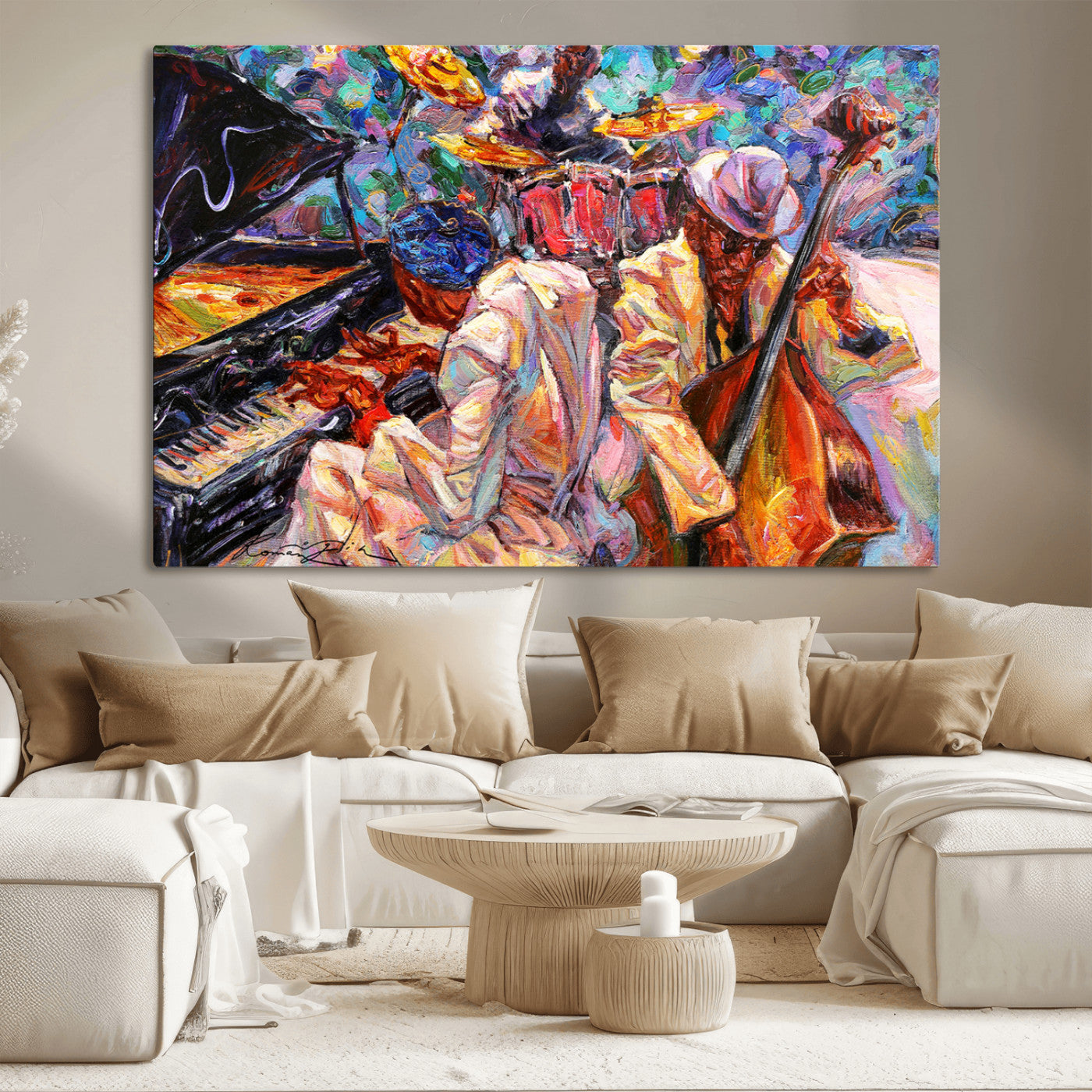 Vibrant oil painting of a jazz band with piano, saxophone, and bass, ideal for colorful and expressive music-themed home decor.