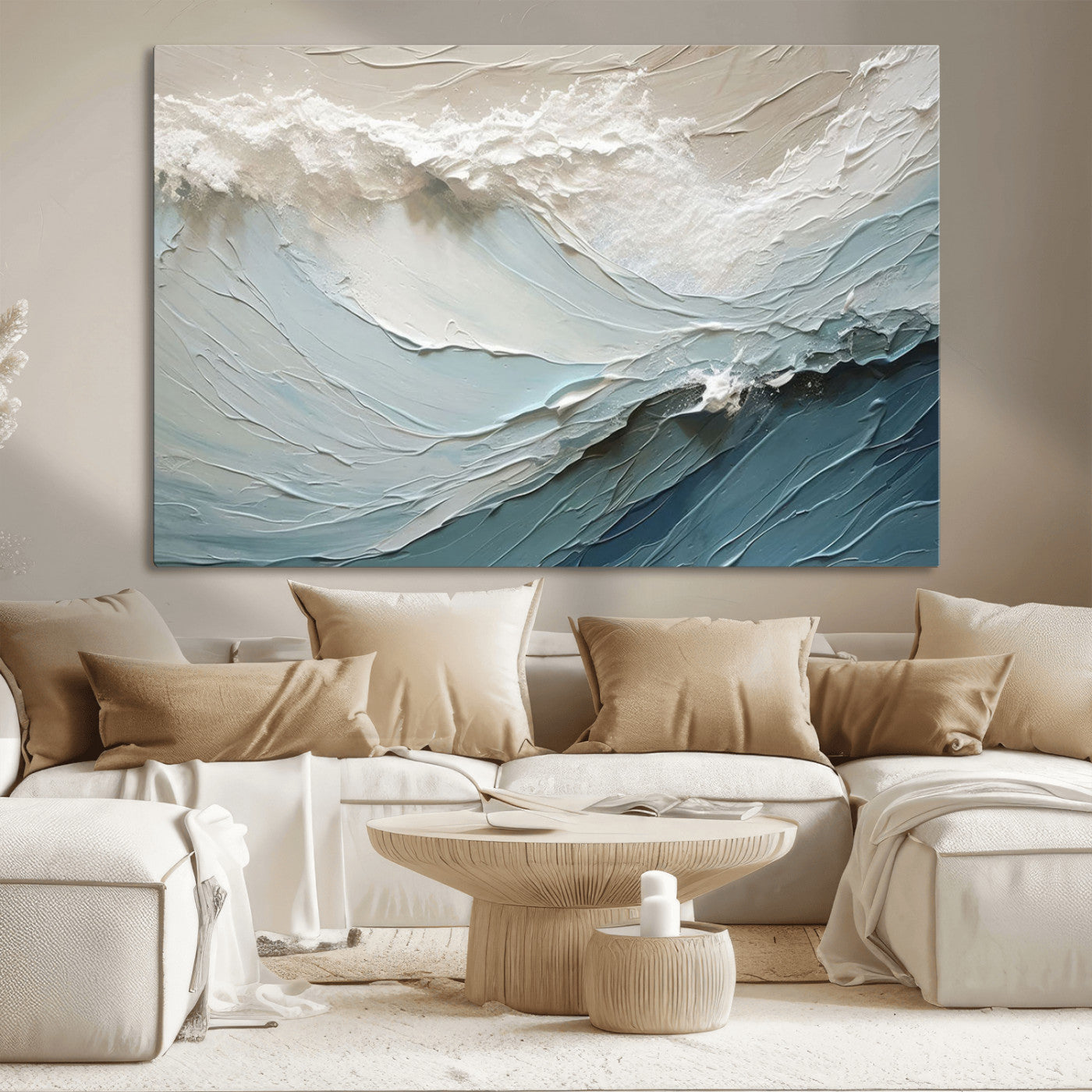 Textured canvas of ocean waves in soft coastal blues and creamy whites, ideal for modern or minimalist coastal-style interiors.