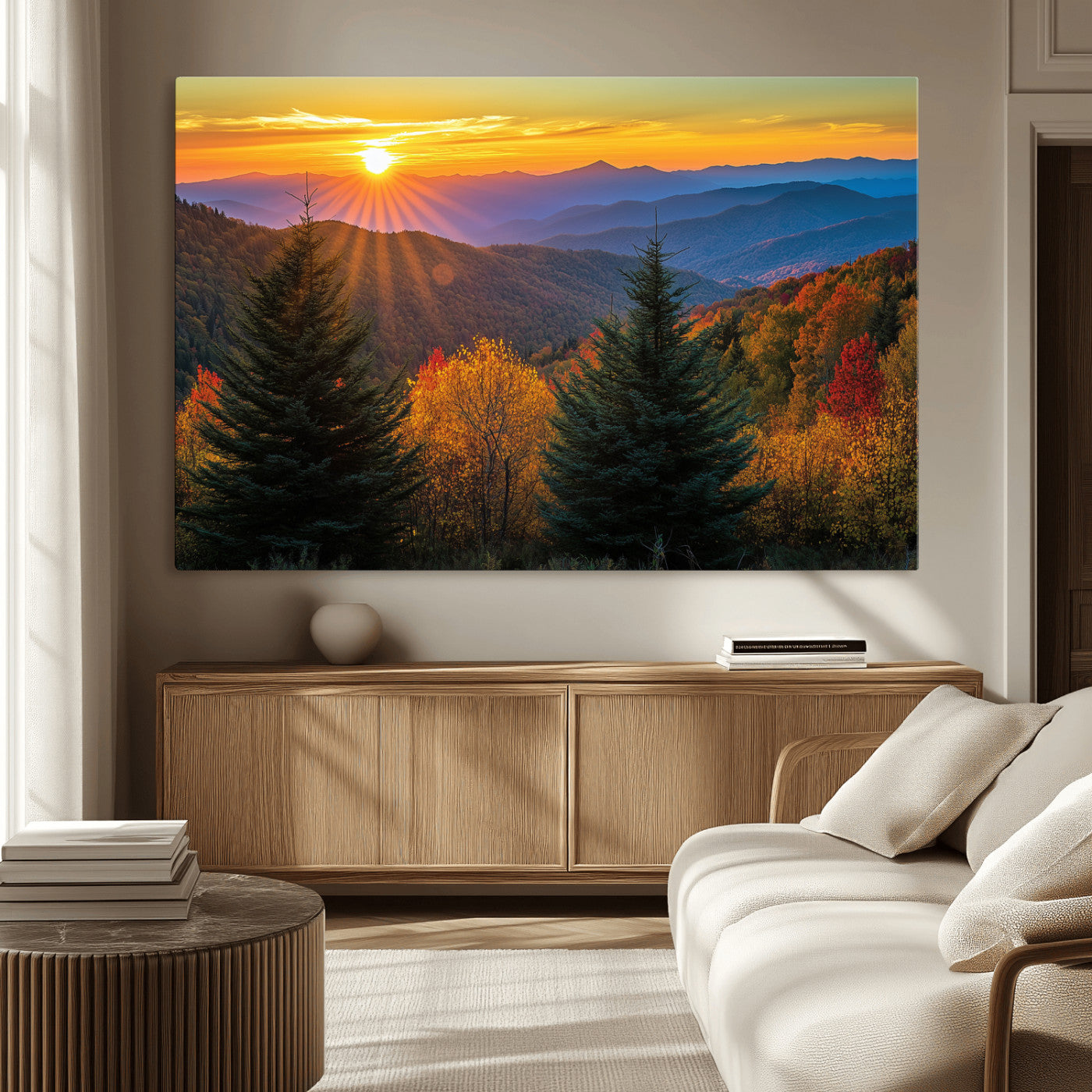Vibrant sunset over autumn mountains with colorful trees and warm light, ideal for nature lovers or cabin-style wall decor.