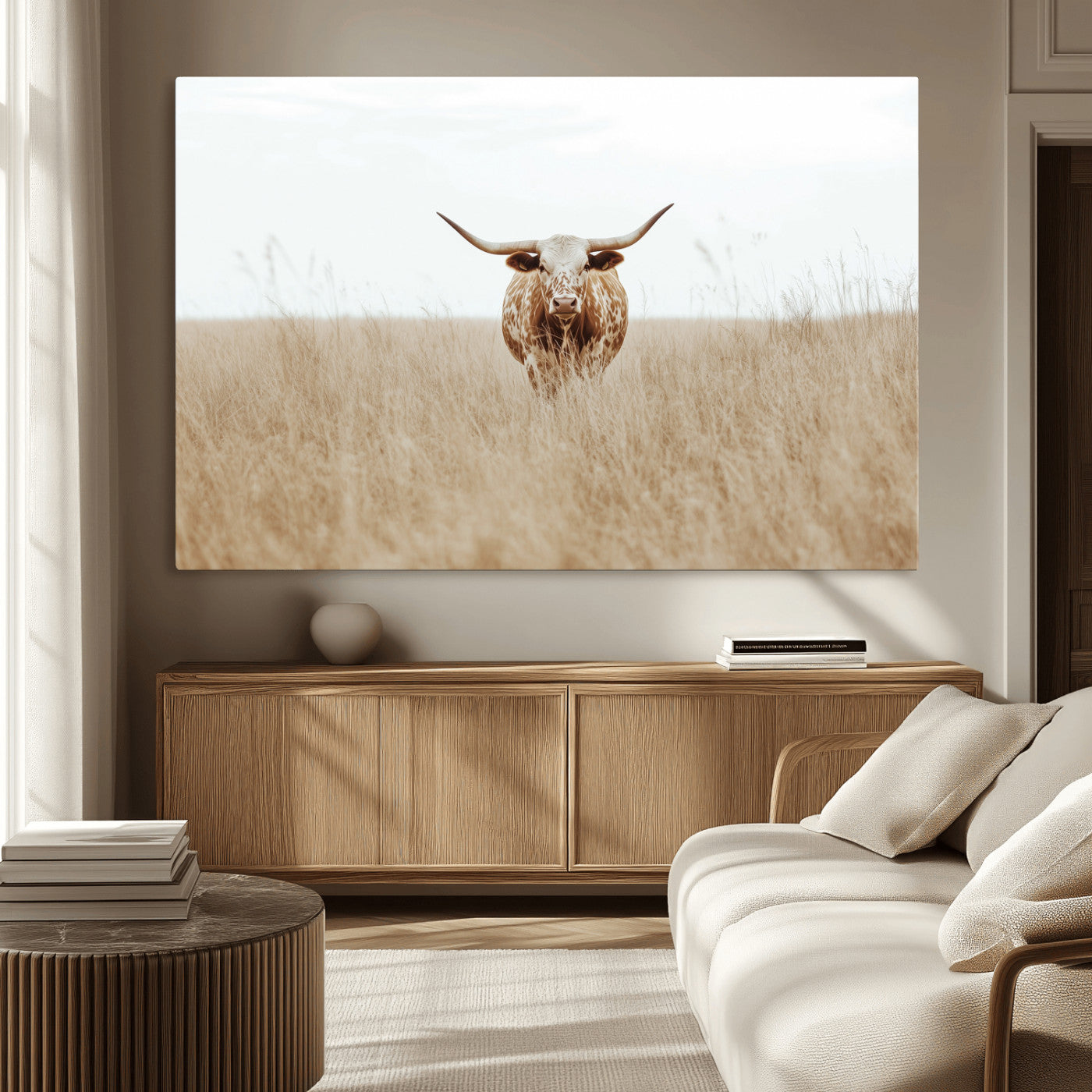Texas Longhorn bull standing alone in dry grass with neutral tones, ideal for rustic western or cowboy-themed wall decor.