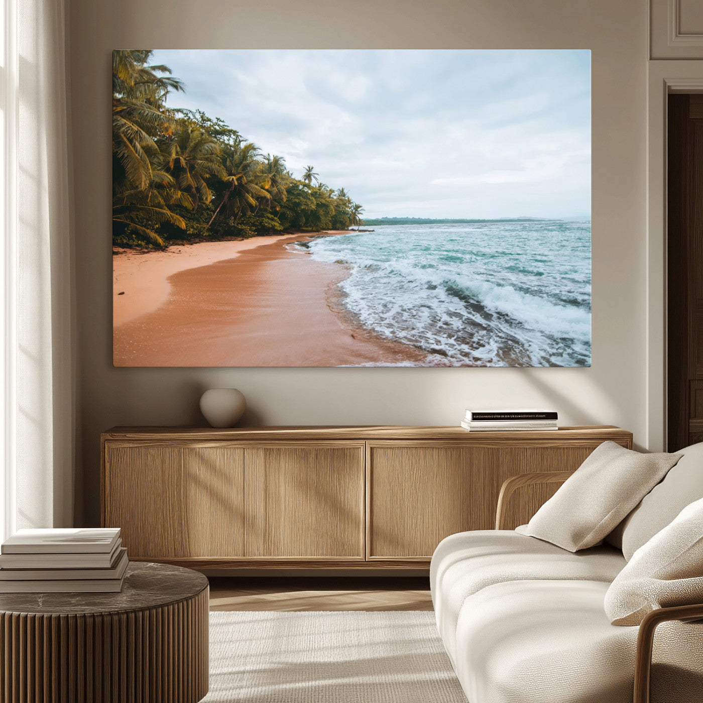 Framed canvas of a tropical beach with palm trees and soft waves, ideal for coastal escape or serene nature-inspired home decor.
