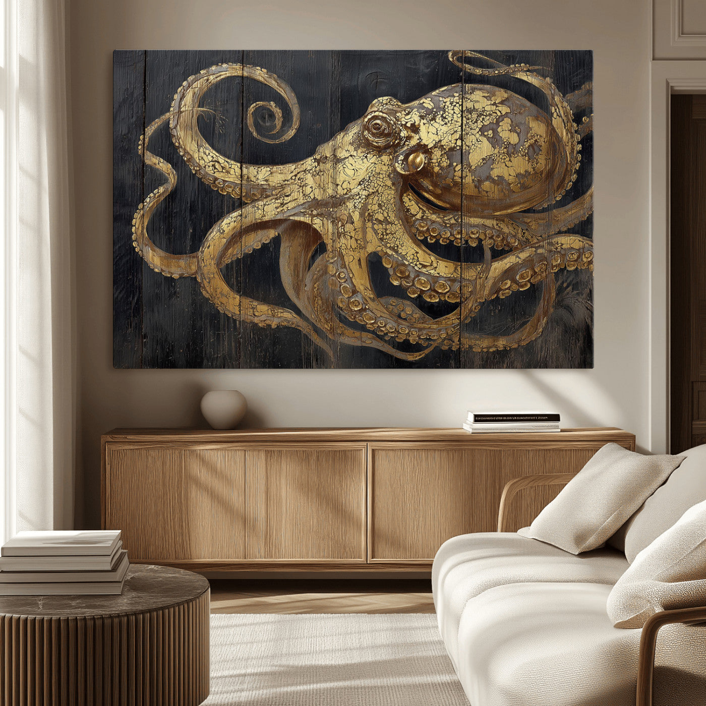A detailed gold illustration of an octopus on black wooden planks, showing its intricate tentacles and textured skin in an artistic style.