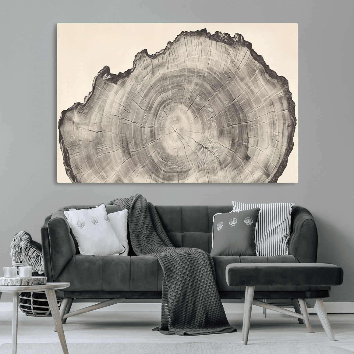 Detailed tree ring drawing in monochrome tones, ideal for rustic or nature-inspired interiors with a minimal decor aesthetic.