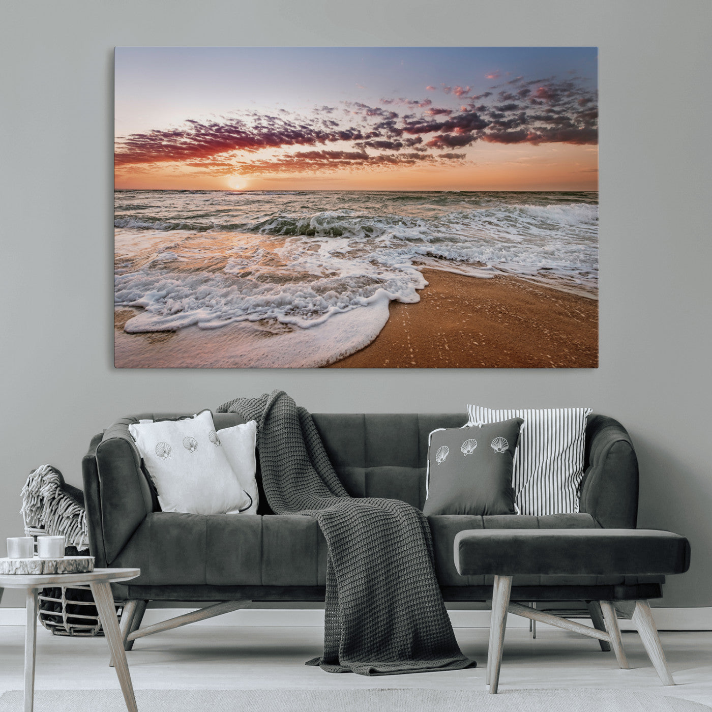 Canvas of a sunset over a foamy ocean shore with warm light and gentle waves, ideal for coastal or beach-themed home decor.