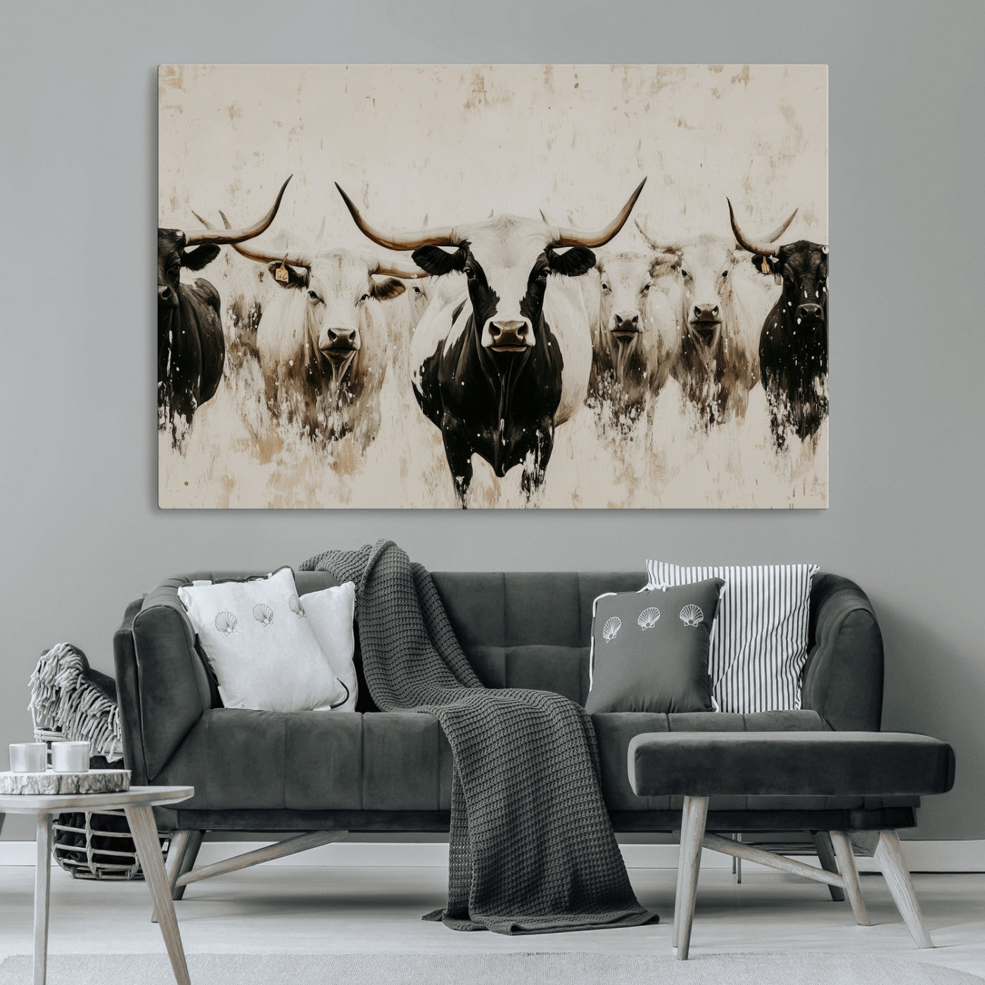 Illustrated herd of longhorn cattle in black and white tones with a neutral textured background, perfect for rustic or farmhouse-style decor.