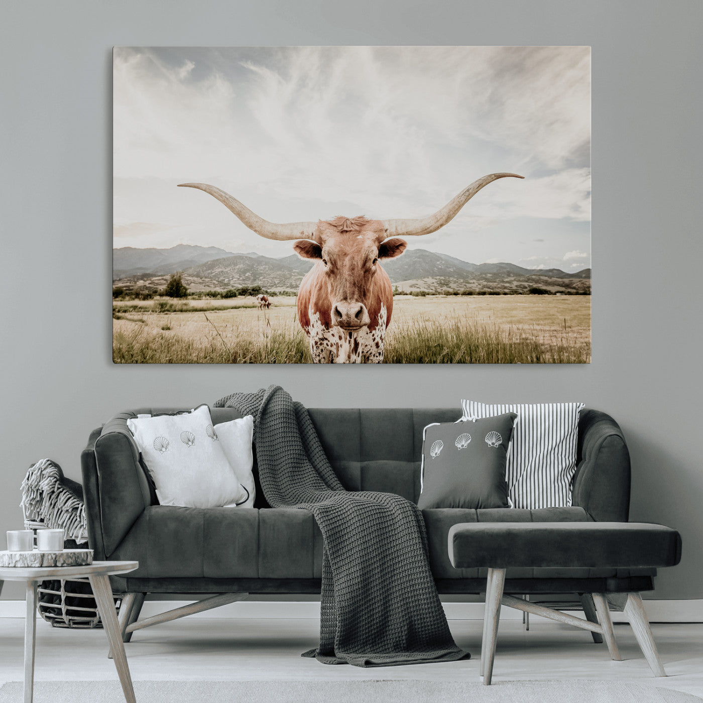 Longhorn Wall Art Print - Western Cow Canvas Print, featuring a majestic Texas longhorn in a rustic prairie setting, perfect for farmhouse and western decor.