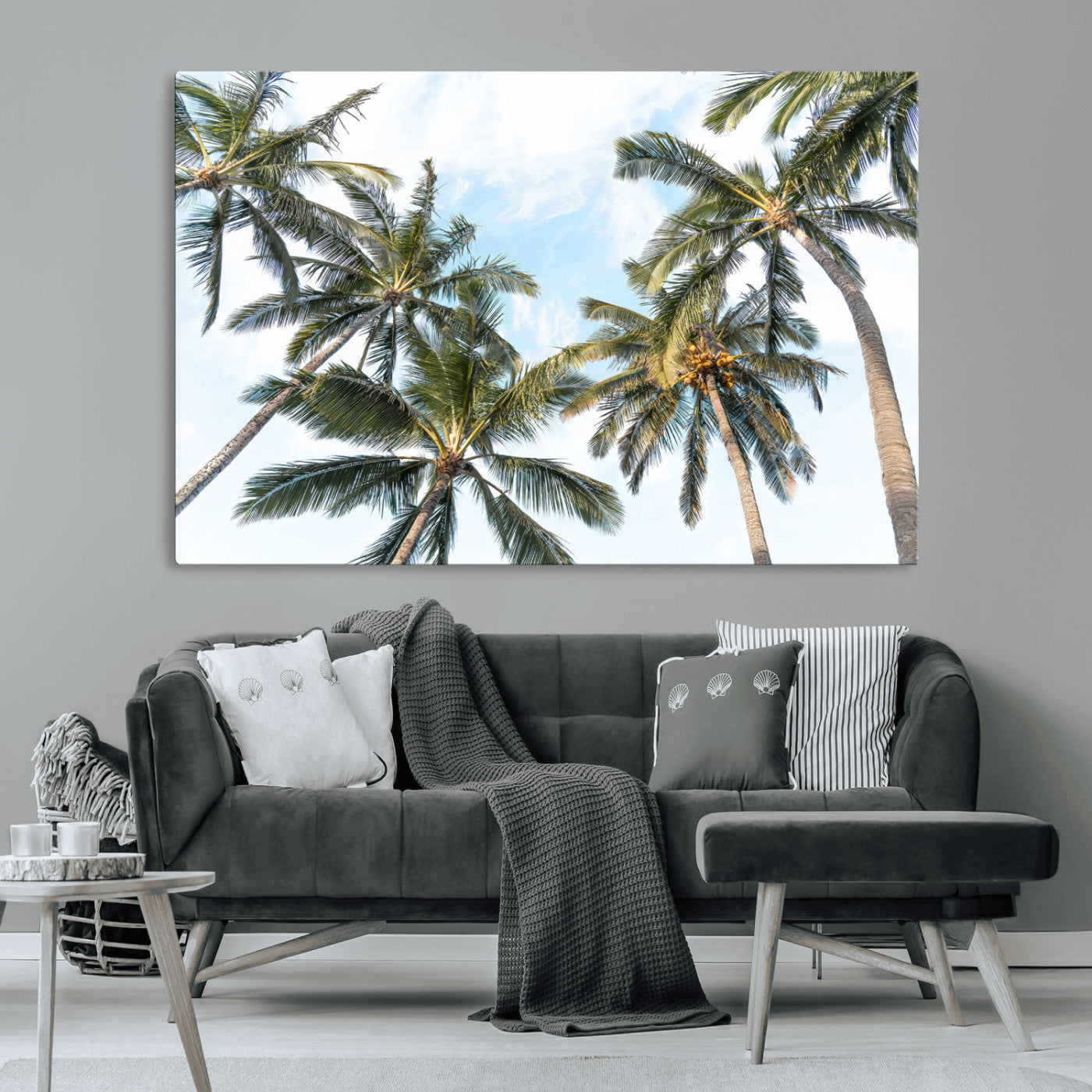 Framed canvas of tall palm trees reaching into a tropical sky, ideal for beach home or relaxed island-inspired wall decor.