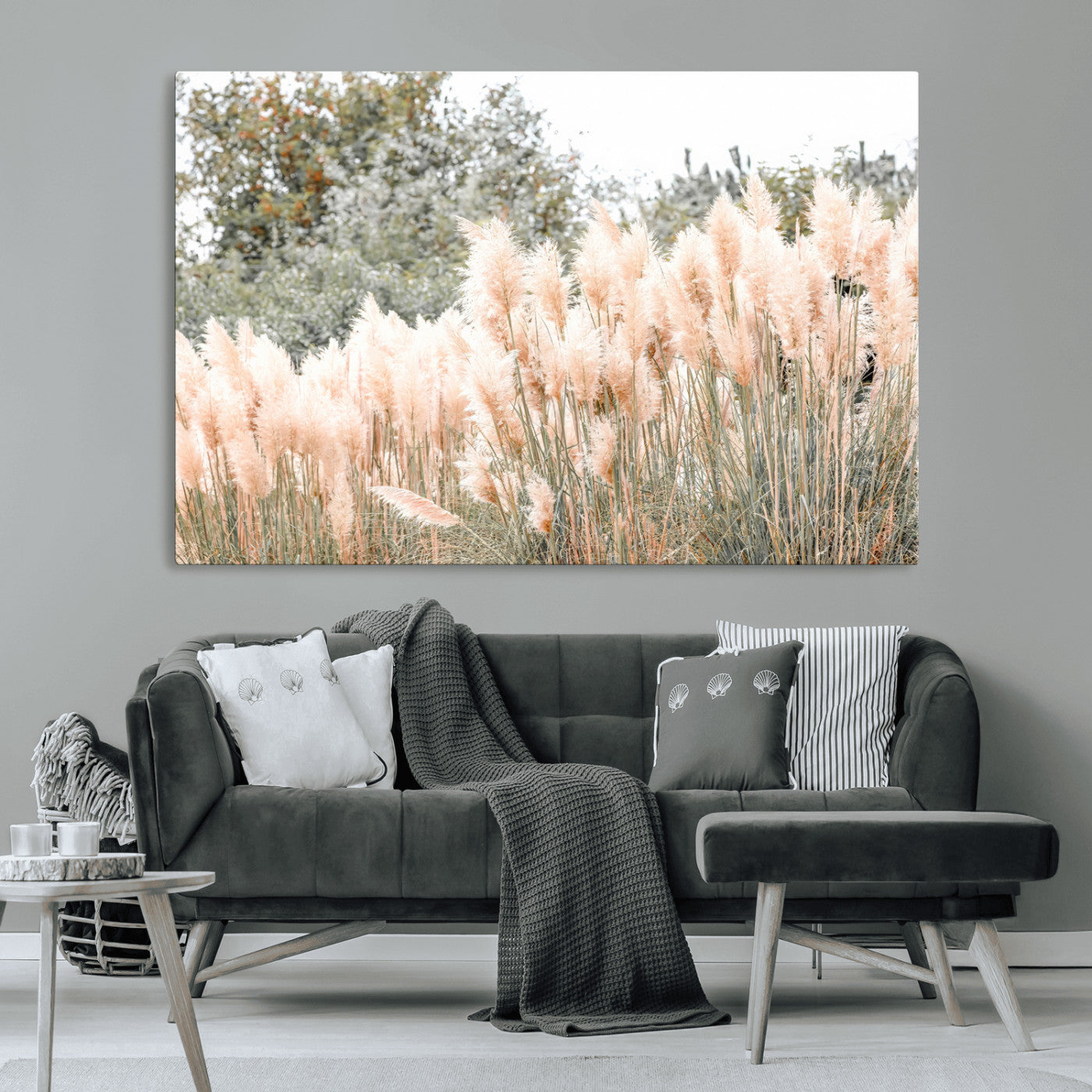Soft pastel pampas grasses in a natural setting, ideal for neutral boho or rustic botanical-style interior wall decoration.