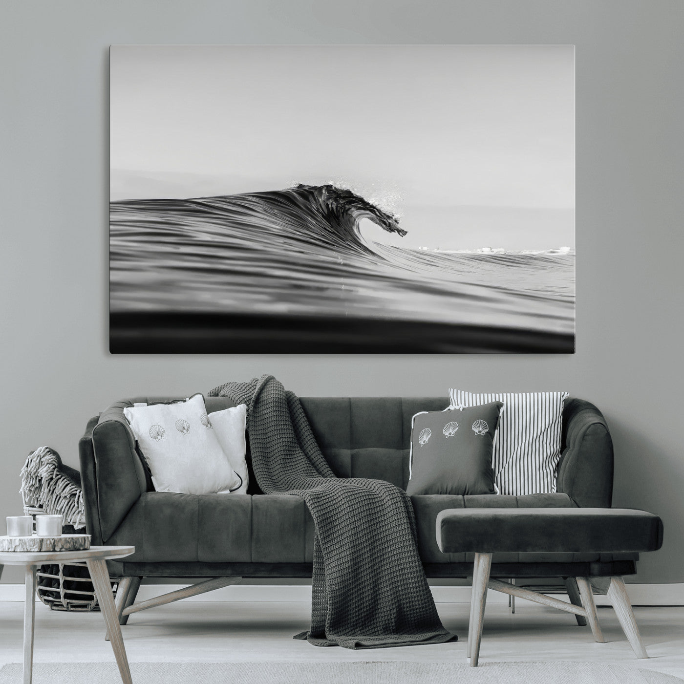 Striking black and white photo of a curling wave, ideal for modern coastal or minimalist wall decor settings.