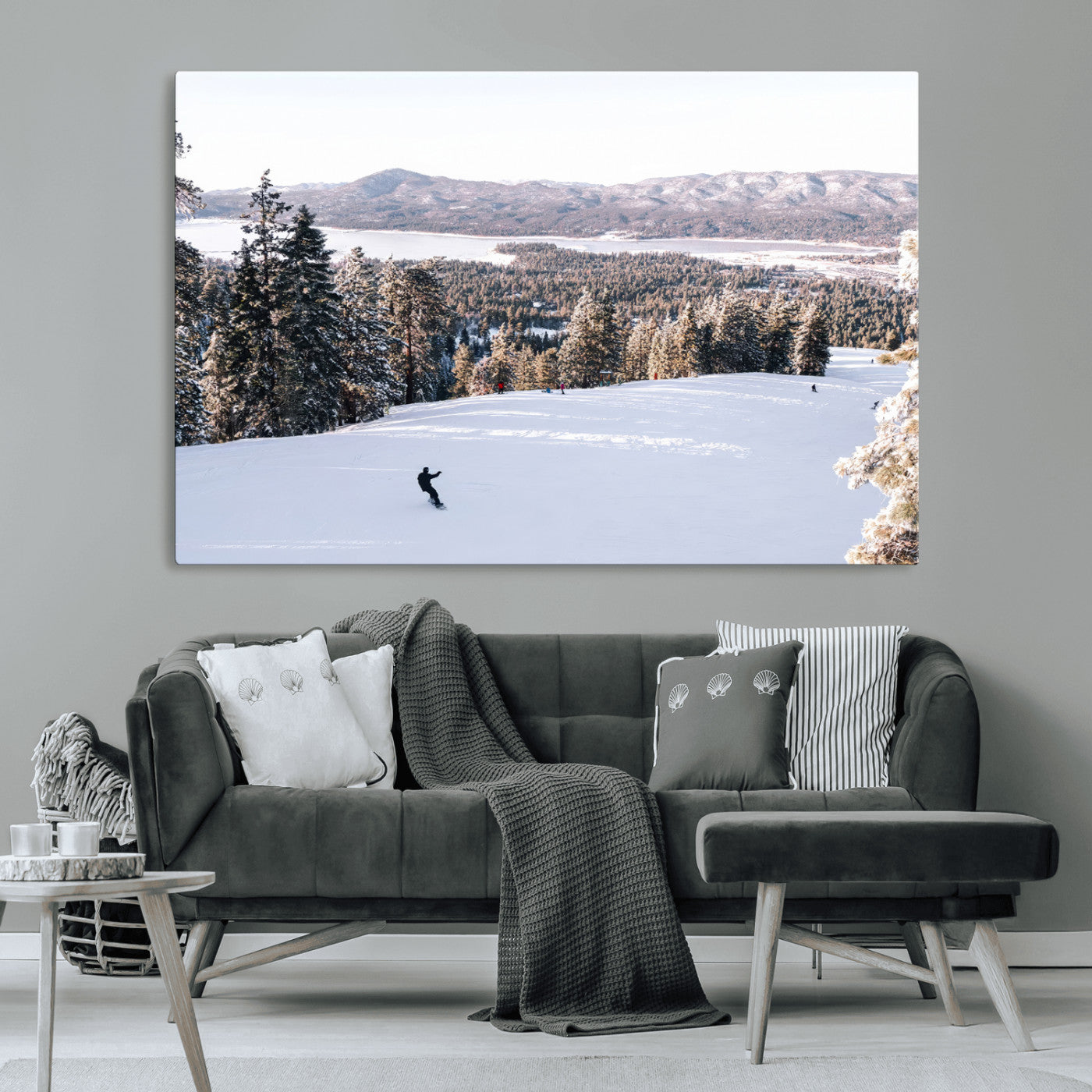 Canvas of a snowy mountain ski slope with pine trees and bright winter light, ideal for modern rustic or alpine-inspired home decor.