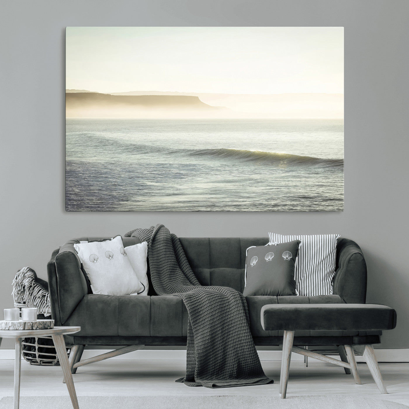 Canvas of a misty ocean scene with coastal cliffs and soft neutral tones, ideal for Scandinavian coastal or minimalist nature-inspired home decor.