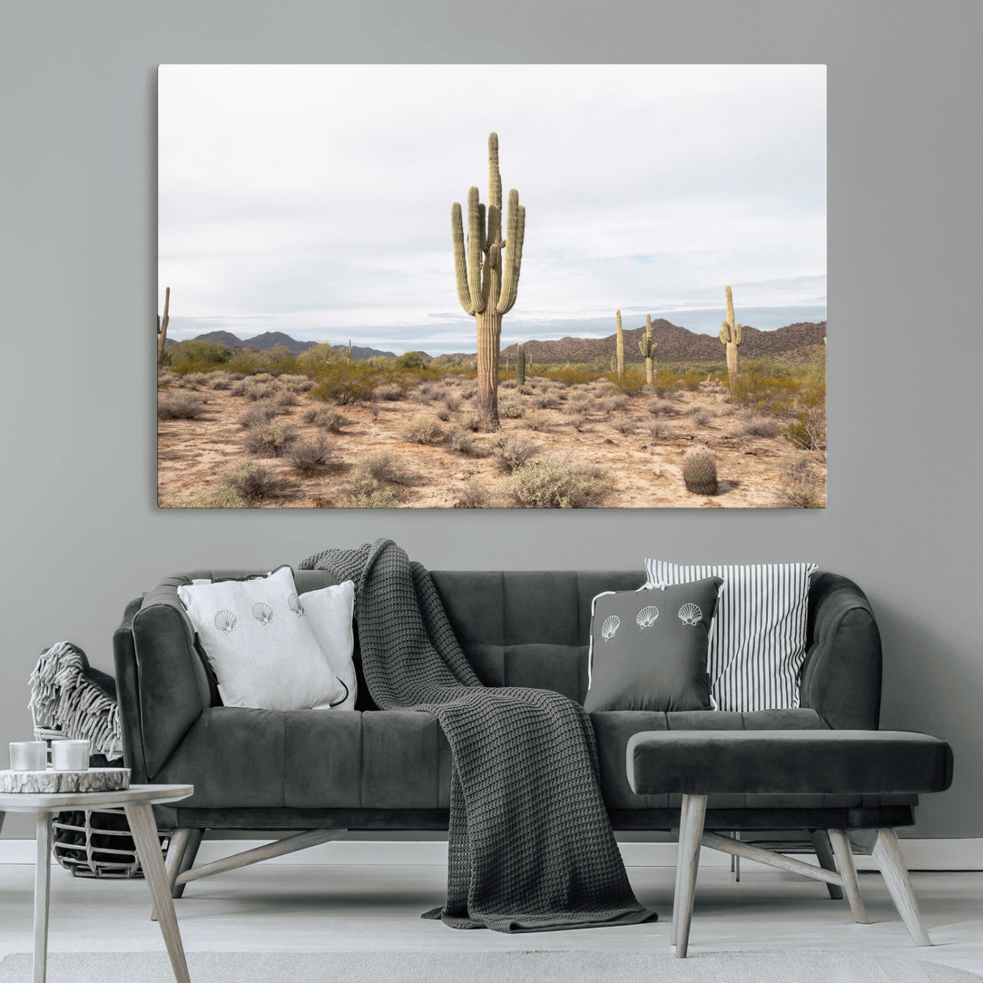 Canvas of a saguaro cactus in an earthy Sonoran desert landscape, ideal for Southwestern Boho or desert minimalism inspired home decor. 2/2