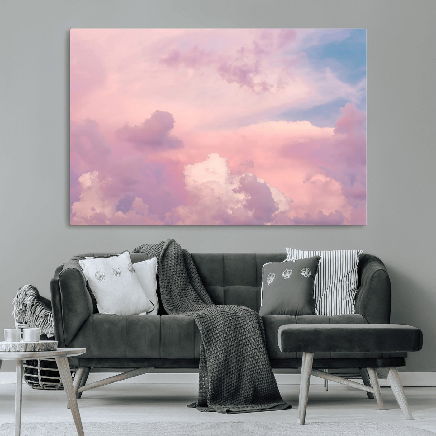 Soft pastel-colored clouds in shades of pink, purple, and blue, creating a dreamy and serene sky perfect for a calming decor touch.
