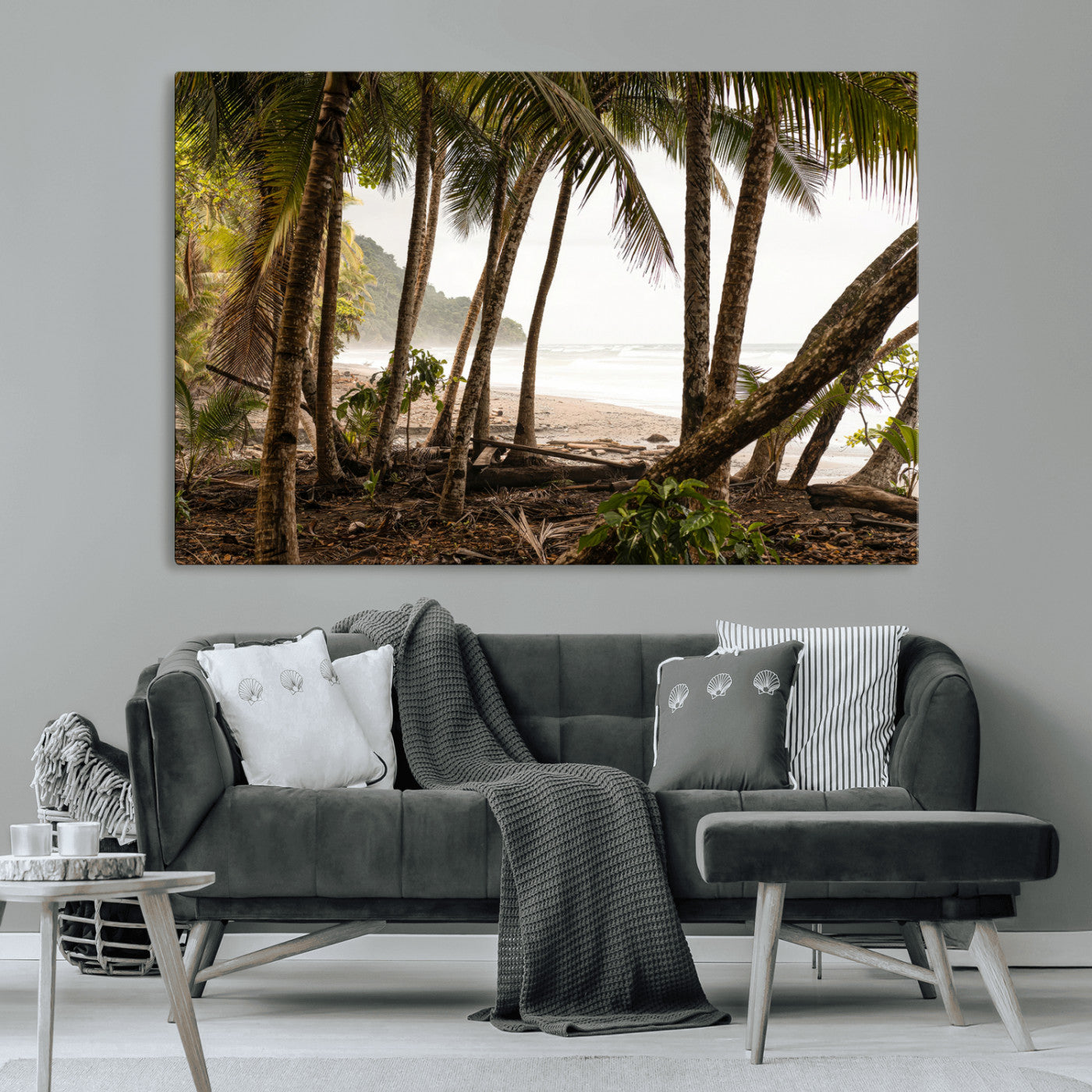 Dense tropical palm trees framing a sandy beach and ocean shore, ideal for jungle or coastal themed interior wall decor.