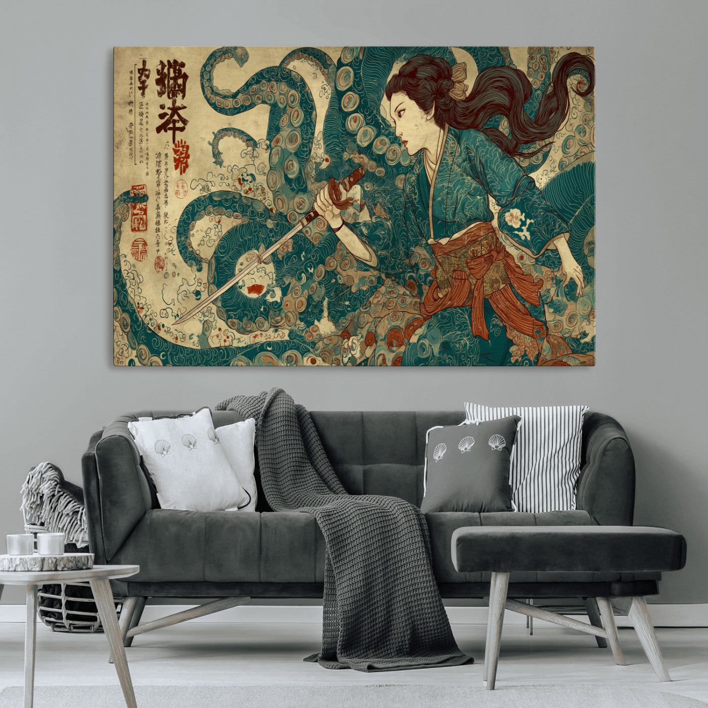 Tsukioka Yoshitoshi Samurai Wall Art Print, Japanese Katana Warrior Canvas Wall Art, Octopus Sea Monster Canvas Print,