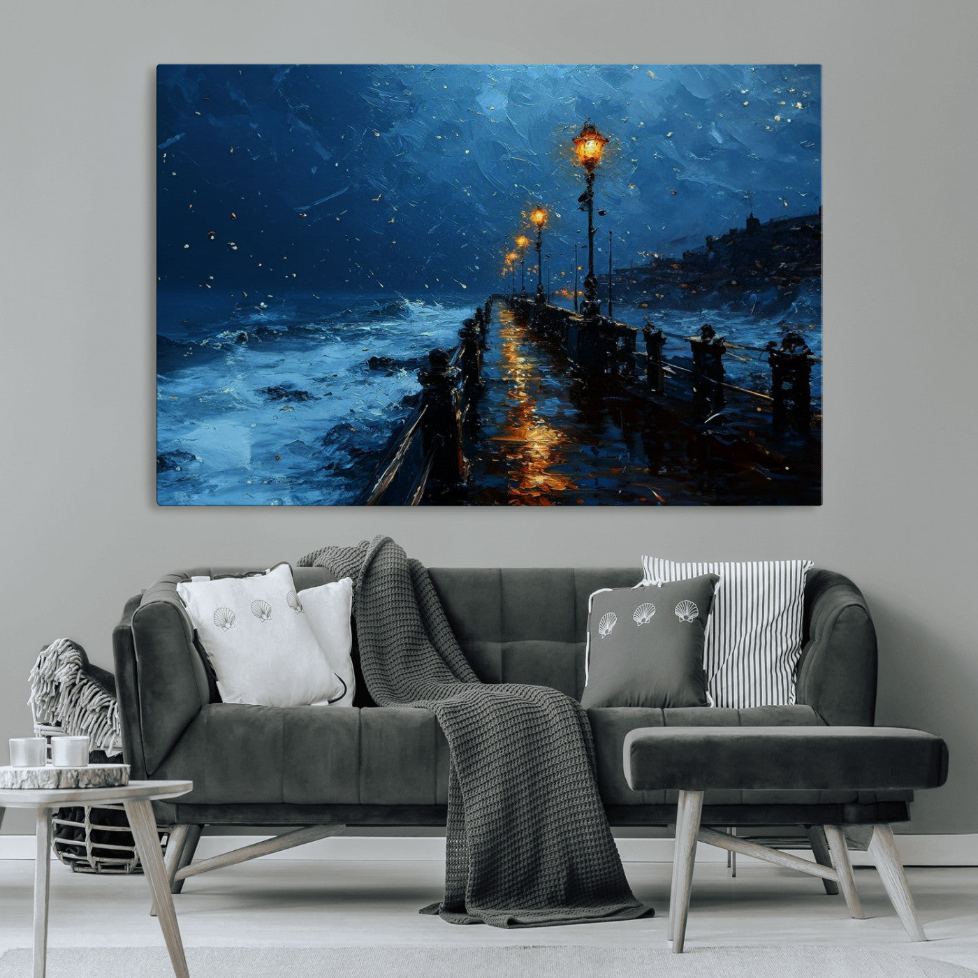 "Impressionistic painting of a rainy pier at night with glowing street lamps reflecting on the wet surface, ocean waves crashing under a dark blue sky."