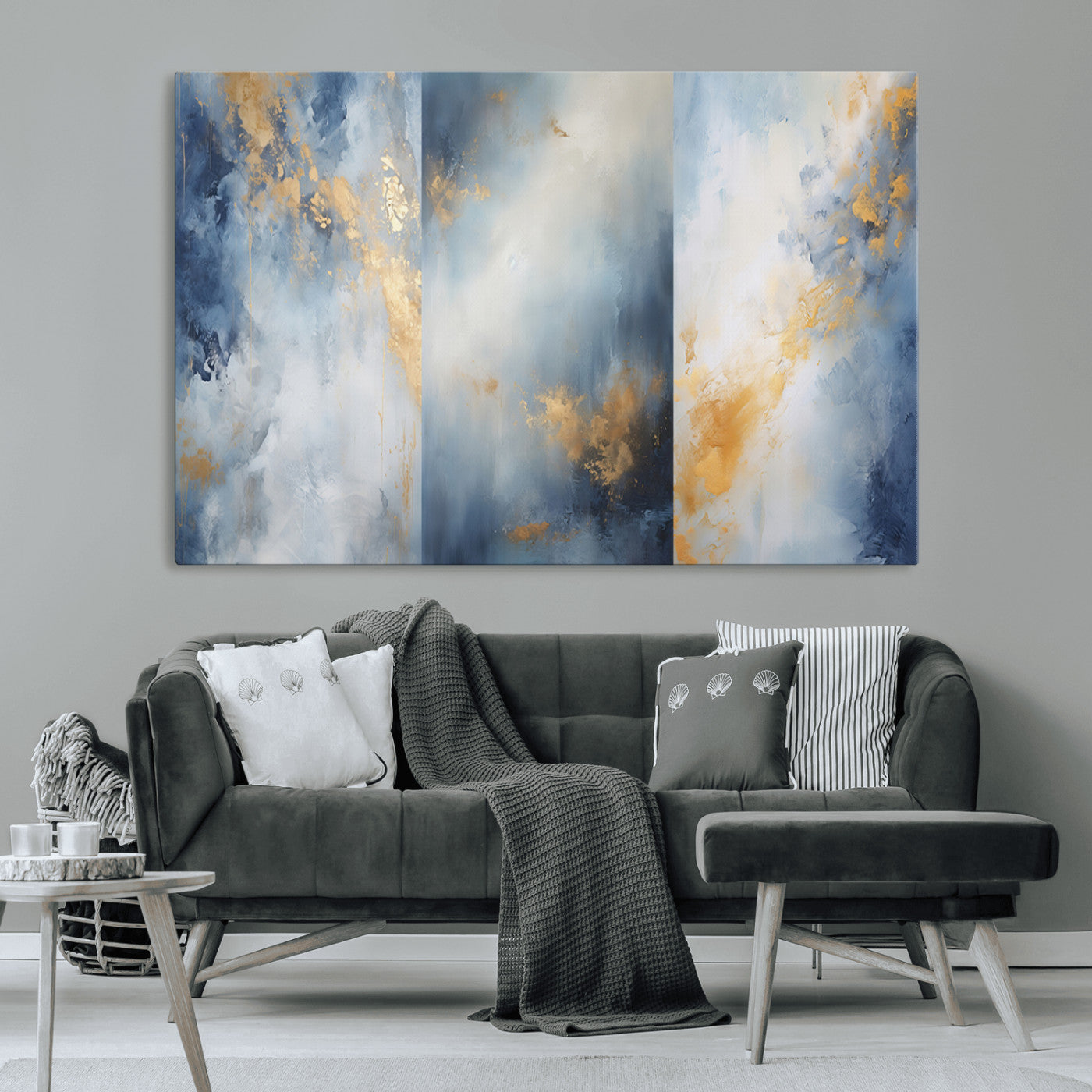 Abstract canvas art in soft blue and gold tones with textured brushstrokes, ideal for elegant or modern neutral decor spaces.