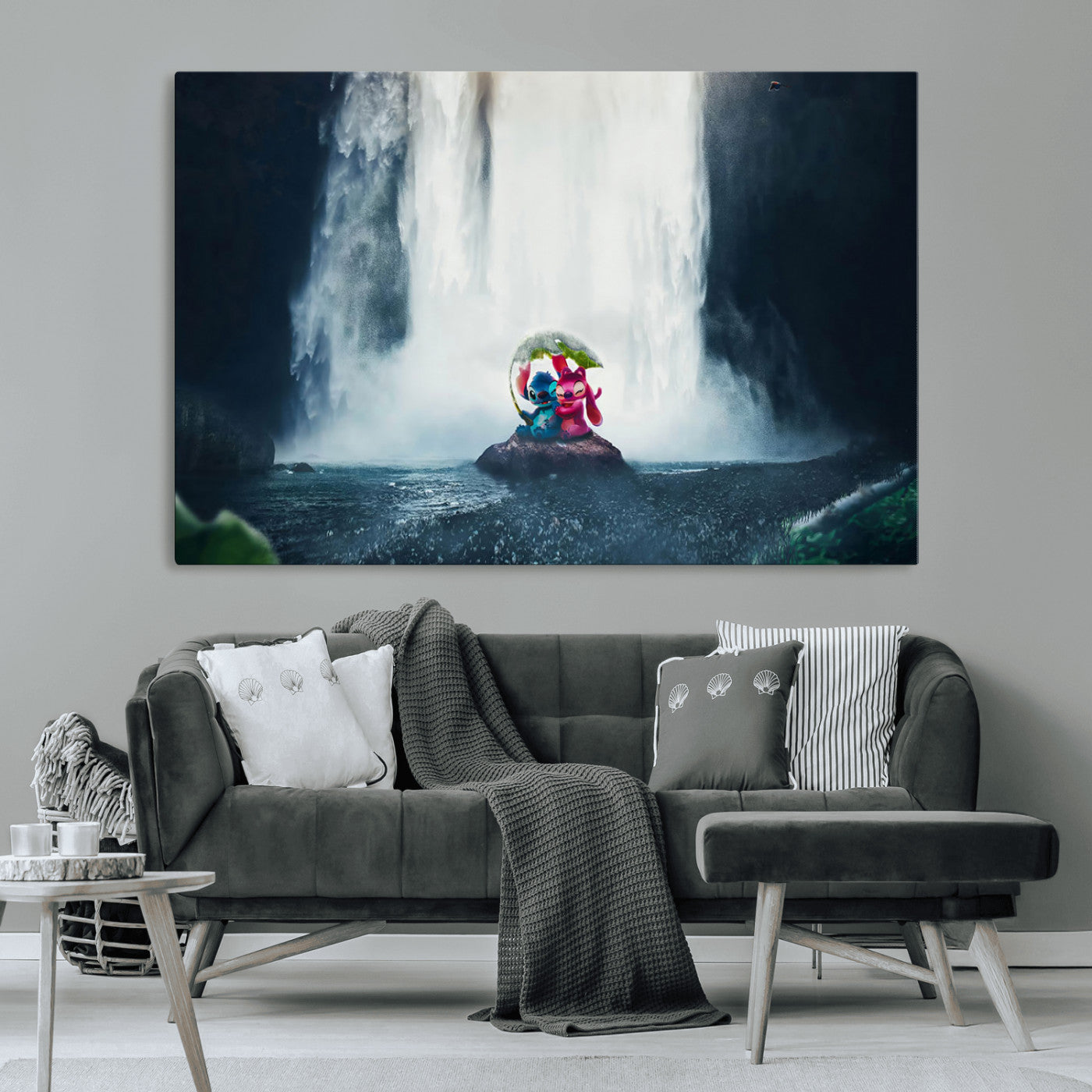 Fantasy canvas of Stitch and Angel under a leaf umbrella in front of a dramatic waterfall, perfect for moody jungle-themed or animated decor.