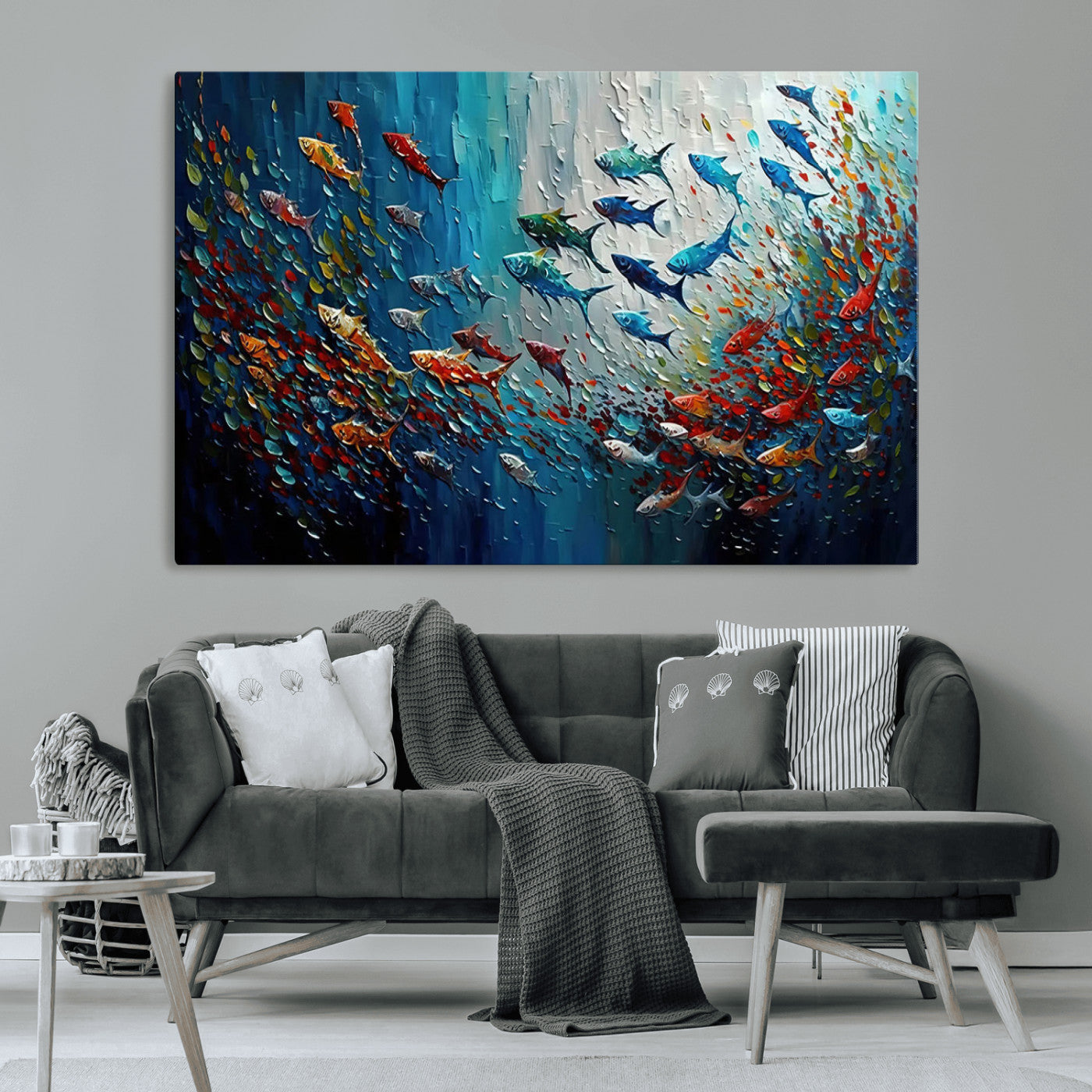 Colorful painting of fish swimming in abstract ocean swirls, perfect for vibrant marine-themed or expressive coastal home decor.
